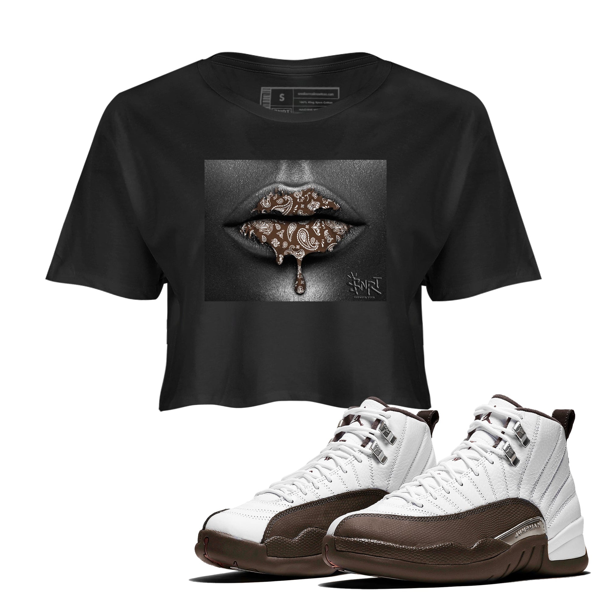 12s Baroque Brown shirts to match jordans Bandana Lips sneaker match tees Air Jordan 12 Baroque Brown match shoes to clothes SNRT Sneaker Tees unisex cotton Black 1 crop tee
