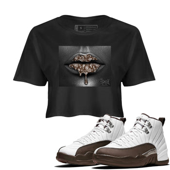 12s Baroque Brown shirts to match jordans Bandana Lips sneaker match tees Air Jordan 12 Baroque Brown match shoes to clothes SNRT Sneaker Tees unisex cotton Black 1 crop tee
