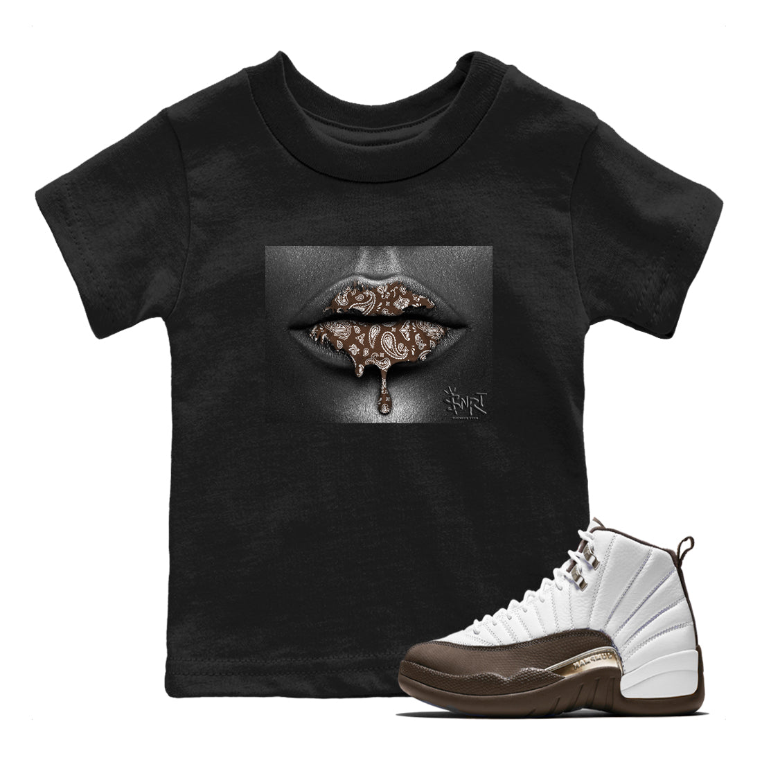 12s Baroque Brown shirts to match jordans Bandana Lips sneaker match tees Air Jordan 12 Baroque Brown match shoes to clothes SNRT Sneaker Tees Youth Baby Black 1 tee