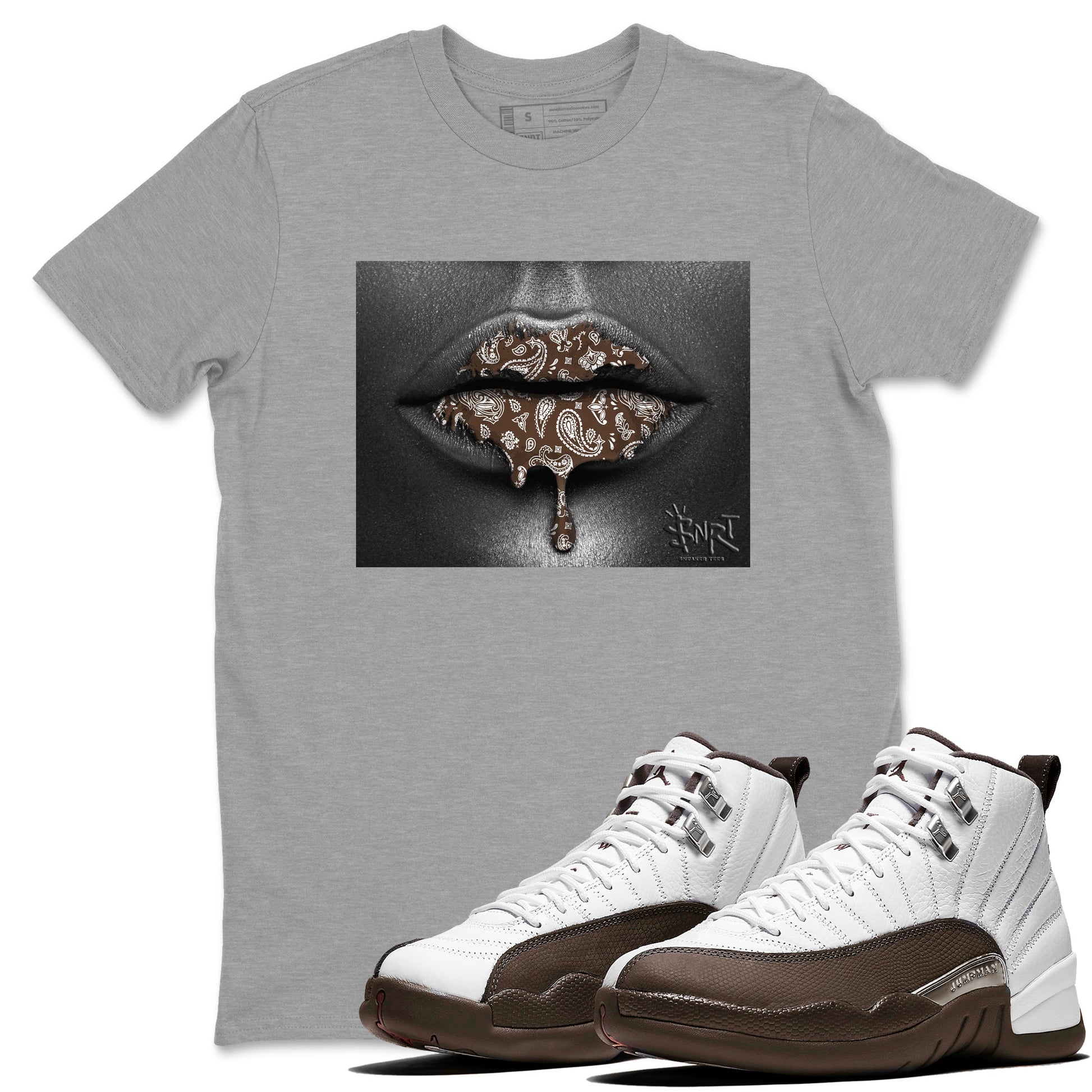 12s Baroque Brown shirts to match jordans Bandana Lips sneaker match tees Air Jordan 12 Baroque Brown match shoes to clothes SNRT Sneaker Tees unisex cotton Heather Grey 1 shirts