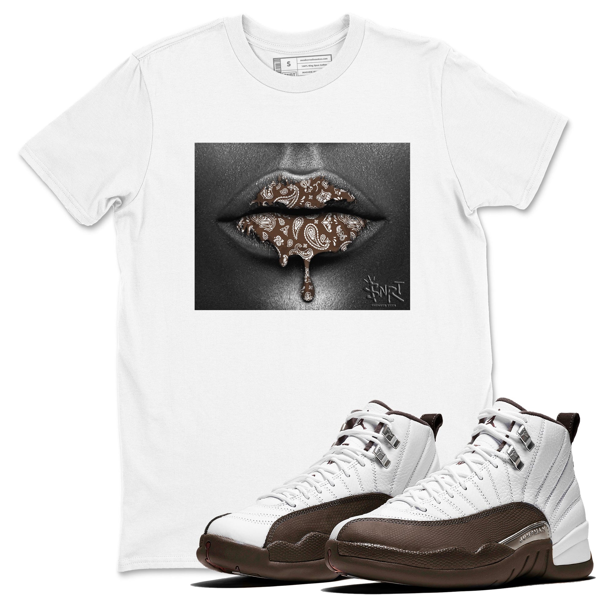 12s Baroque Brown shirts to match jordans Bandana Lips sneaker match tees Air Jordan 12 Baroque Brown match shoes to clothes SNRT Sneaker Tees unisex cotton White 1 shirts