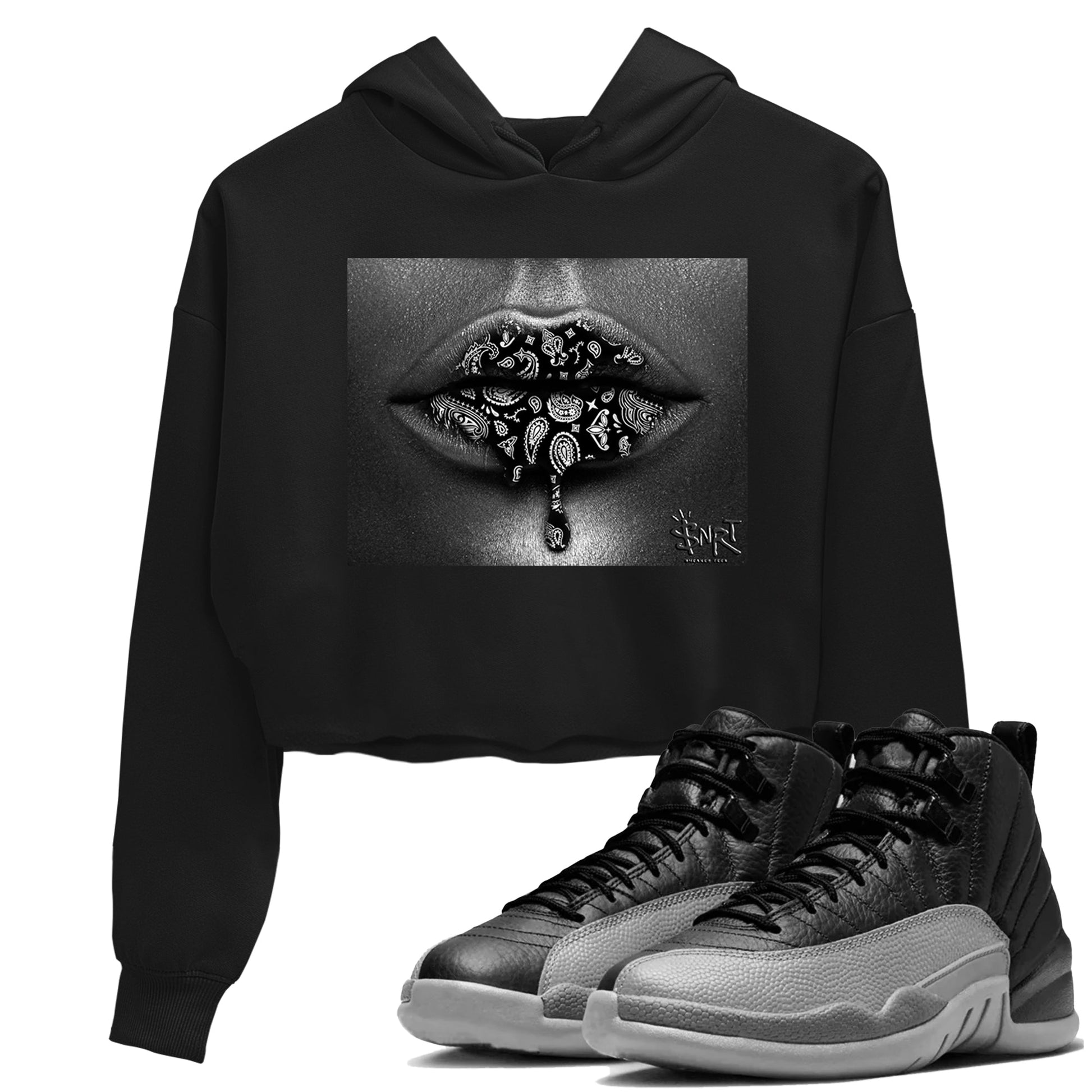 12s Black Wolf Grey shirts to match jordans Bandana Lips sneaker match tees 12s Baron SNRT Sneaker Release Tees unisex cotton Black 1 Crop Shirts