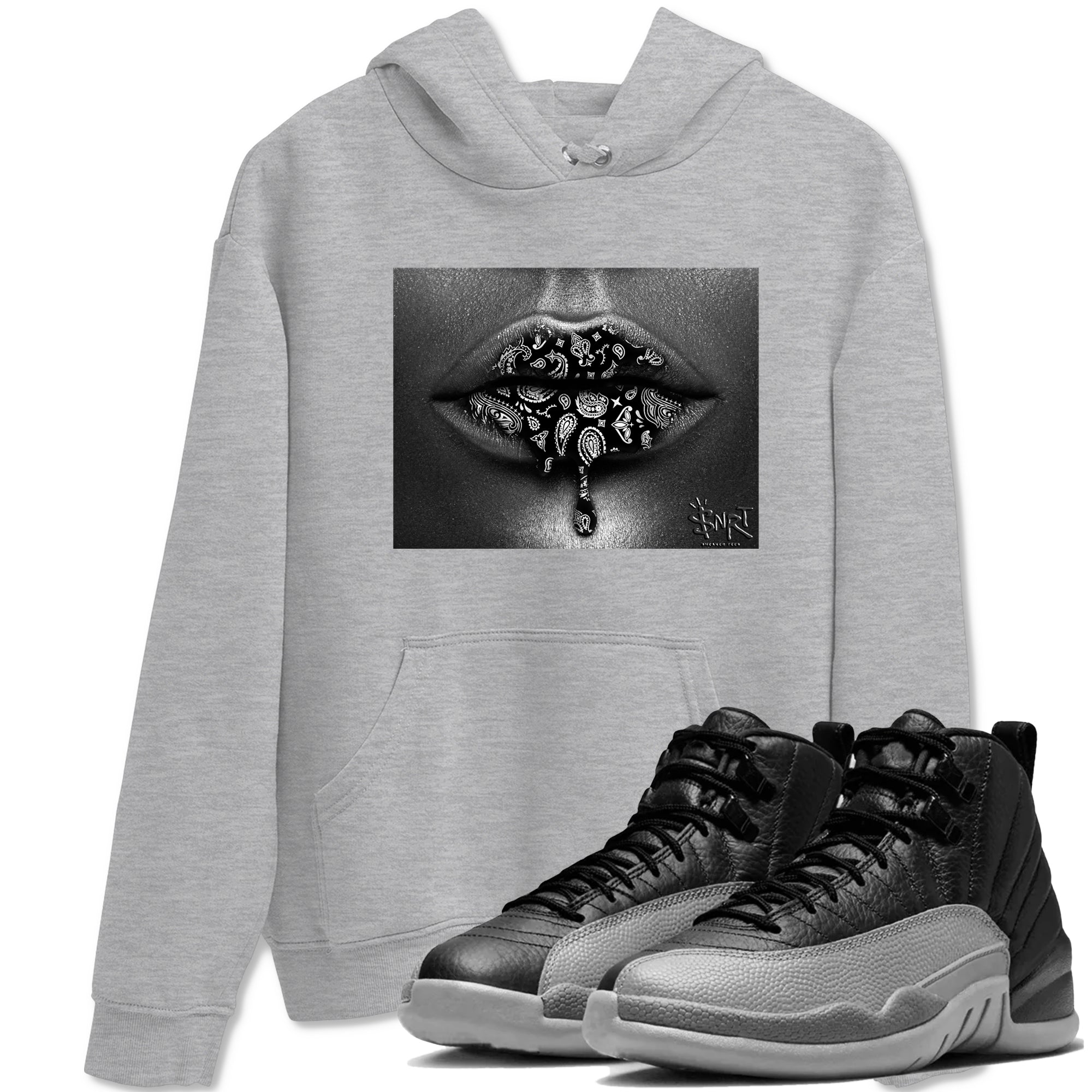 12s Black Wolf Grey shirts to match jordans Bandana Lips sneaker match tees 12s Baron SNRT Sneaker Release Tees unisex cotton Heather Grey 1 crew neck shirts