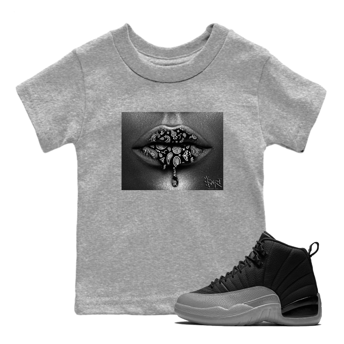 12s Black Wolf Grey shirts to match jordans Bandana Lips sneaker match tees 12s Baron SNRT Sneaker Release Tees Youth Baby Heather Grey 1 crew neck shirts