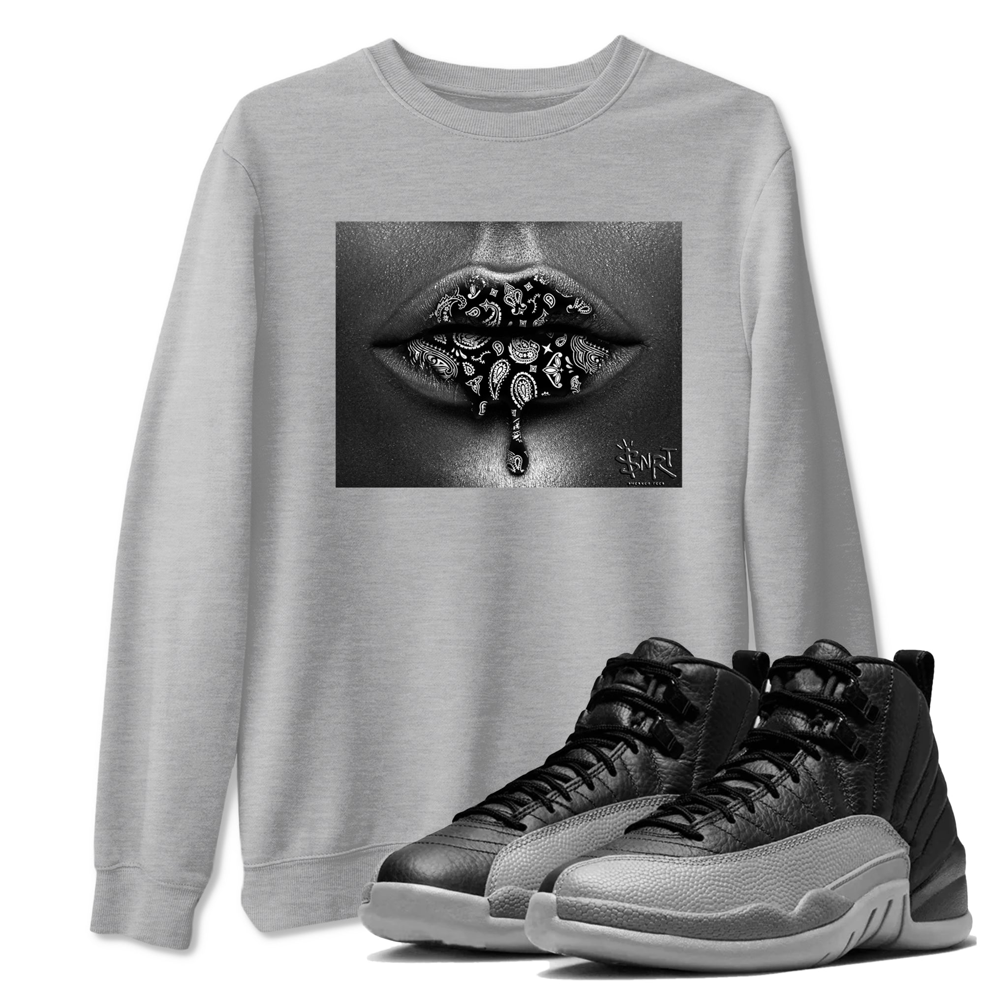 12s Black Wolf Grey shirts to match jordans Bandana Lips sneaker match tees 12s Baron SNRT Sneaker Release Tees unisex cotton Heather Grey 1 crew neck shirts