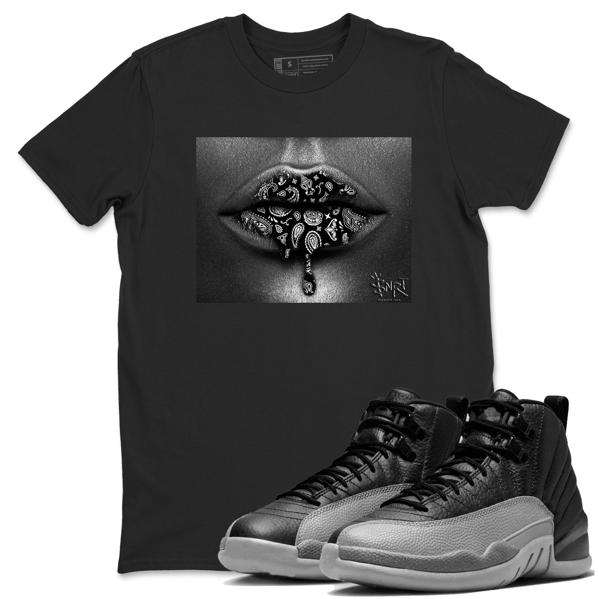 12s Black Wolf Grey shirts to match jordans Bandana Lips sneaker match tees 12s Baron SNRT Sneaker Release Tees unisex cotton Black 1 crew neck shirts