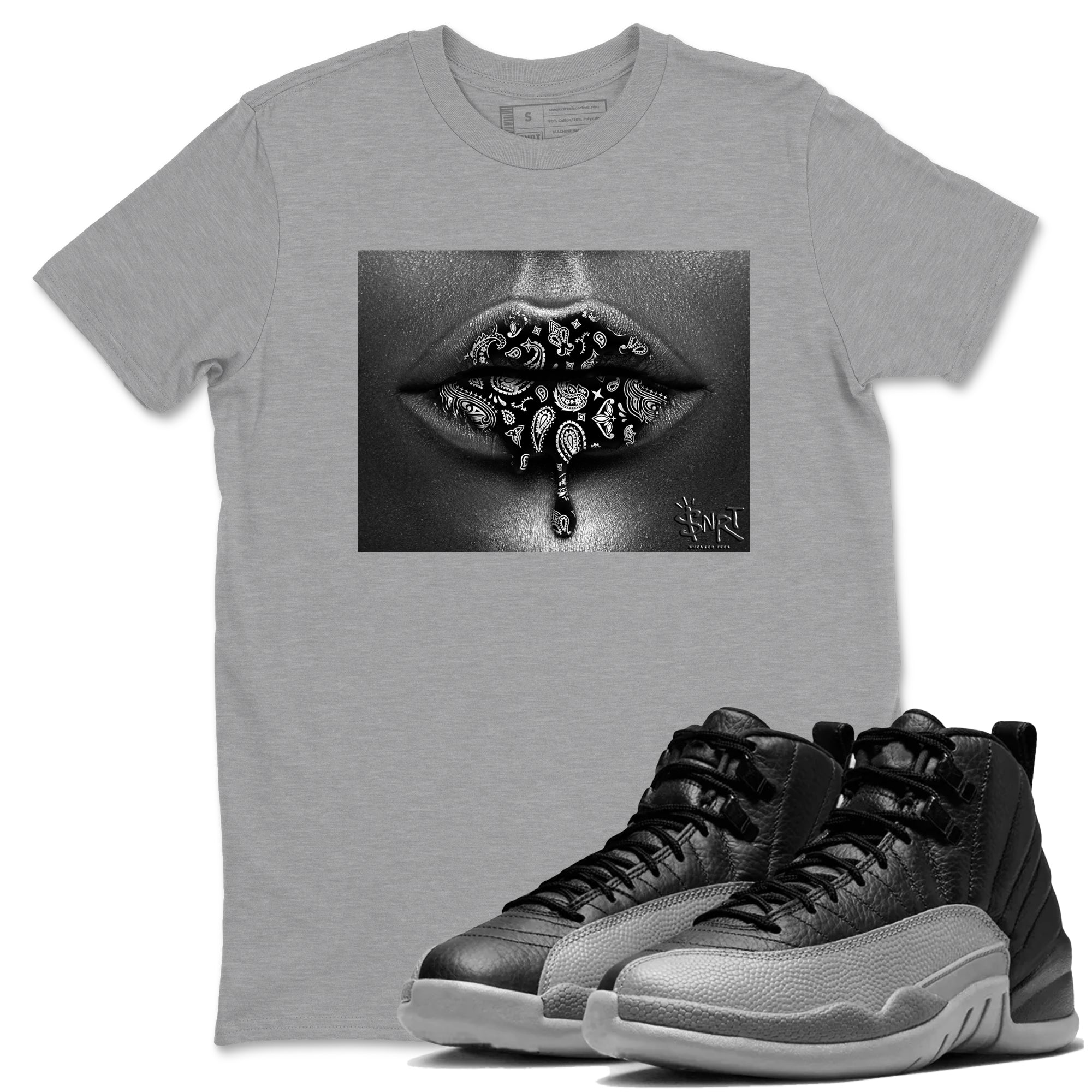 12s Black Wolf Grey shirts to match jordans Bandana Lips sneaker match tees 12s Baron SNRT Sneaker Release Tees unisex cotton Heather Grey 1 crew neck shirts