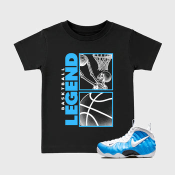 Best Sneakerfit Graphic Tee. Graphic Outfits. Sneaker Tees To Match Air Foamposite Pro University Blue Sneakers – Basketball Legend Kids T-Shirt Black 1