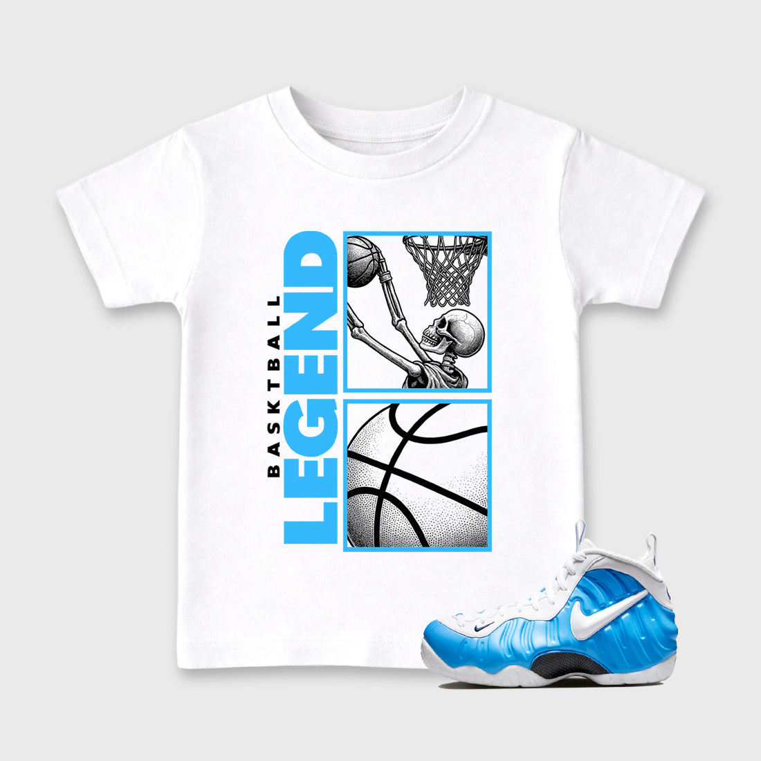 Best Sneakerfit Graphic Tee. Graphic Outfits. Sneaker Tees To Match Air Foamposite Pro University Blue Sneakers – Basketball Legend Kids T-Shirt White 1