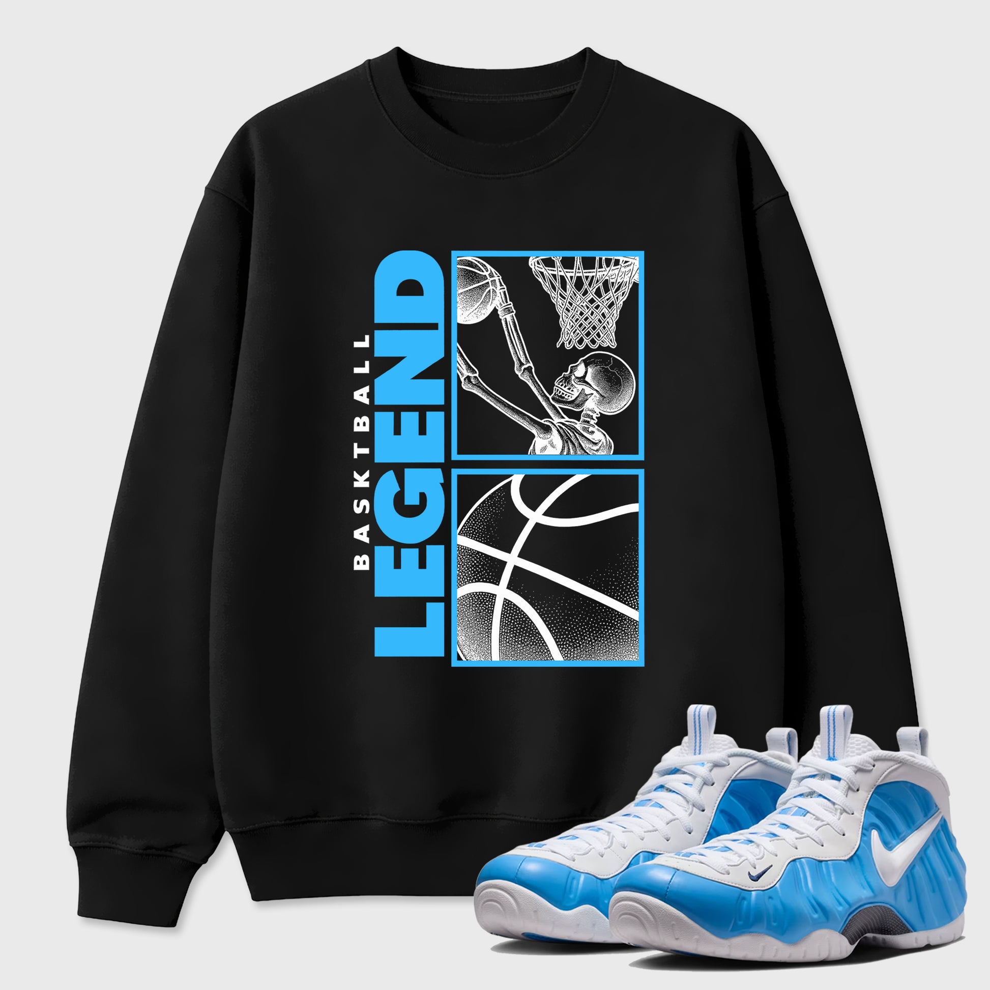 Best Sneakerfit Graphic Tee. Graphic Outfits. Sneaker Tees To Match Air Foamposite Pro University Blue Sneakers – Basketball Legend Tee Black 1