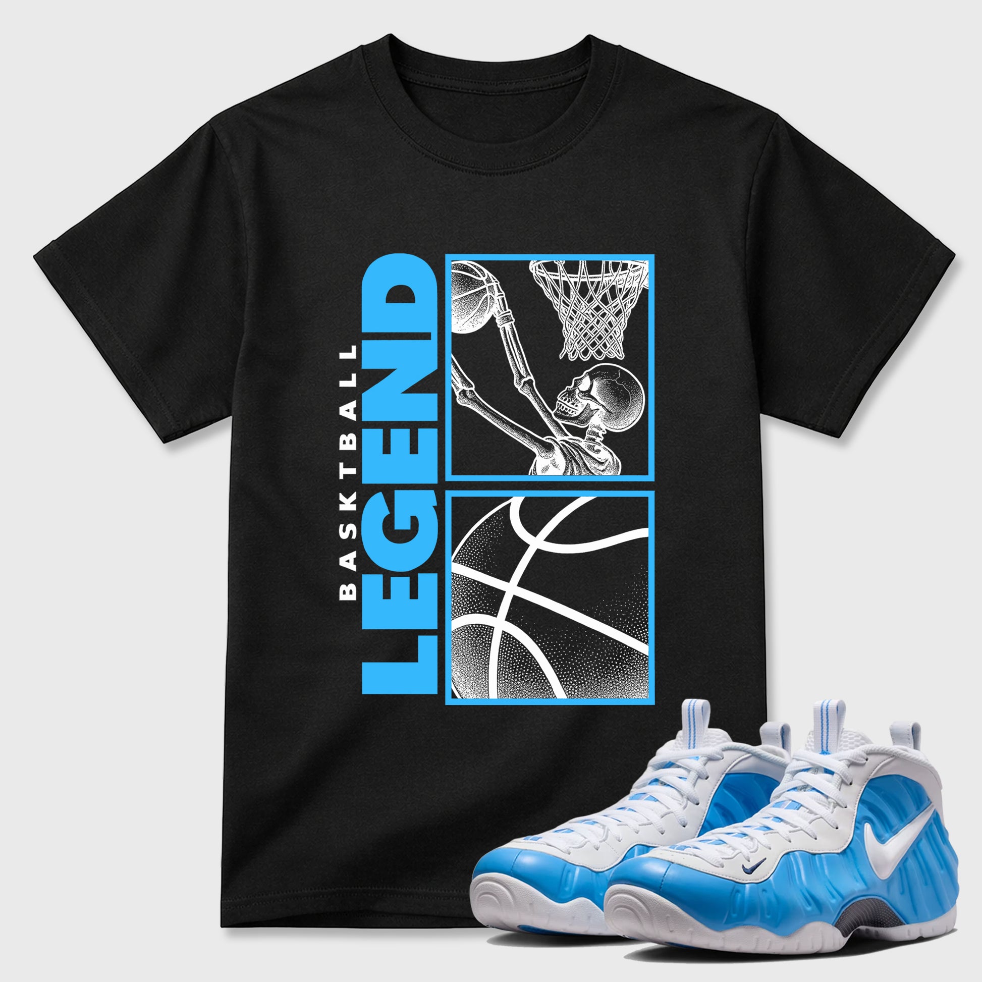Best Sneakerfit Graphic Tee. Graphic Outfits. Sneaker Tees To Match Air Foamposite Pro University Blue Sneakers – Basketball Legend Tee Black 1
