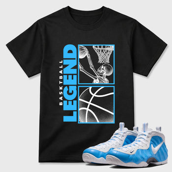 Best Sneakerfit Graphic Tee. Graphic Outfits. Sneaker Tees To Match Air Foamposite Pro University Blue Sneakers – Basketball Legend Tee Black 1