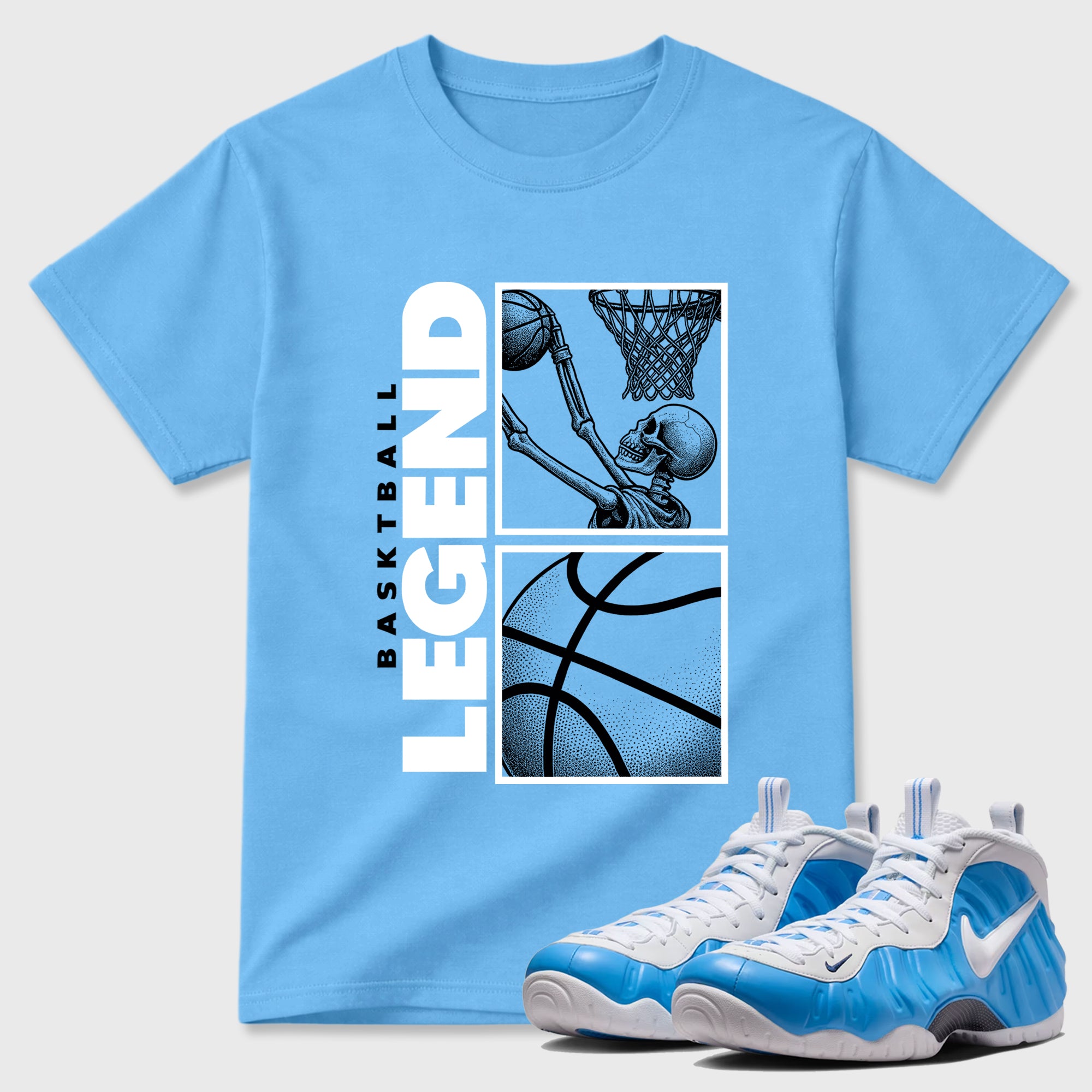 Best Sneakerfit Graphic Tee. Graphic Outfits. Sneaker Tees To Match Air Foamposite Pro University Blue Sneakers – Basketball Legend Tee Carolina Blue 1