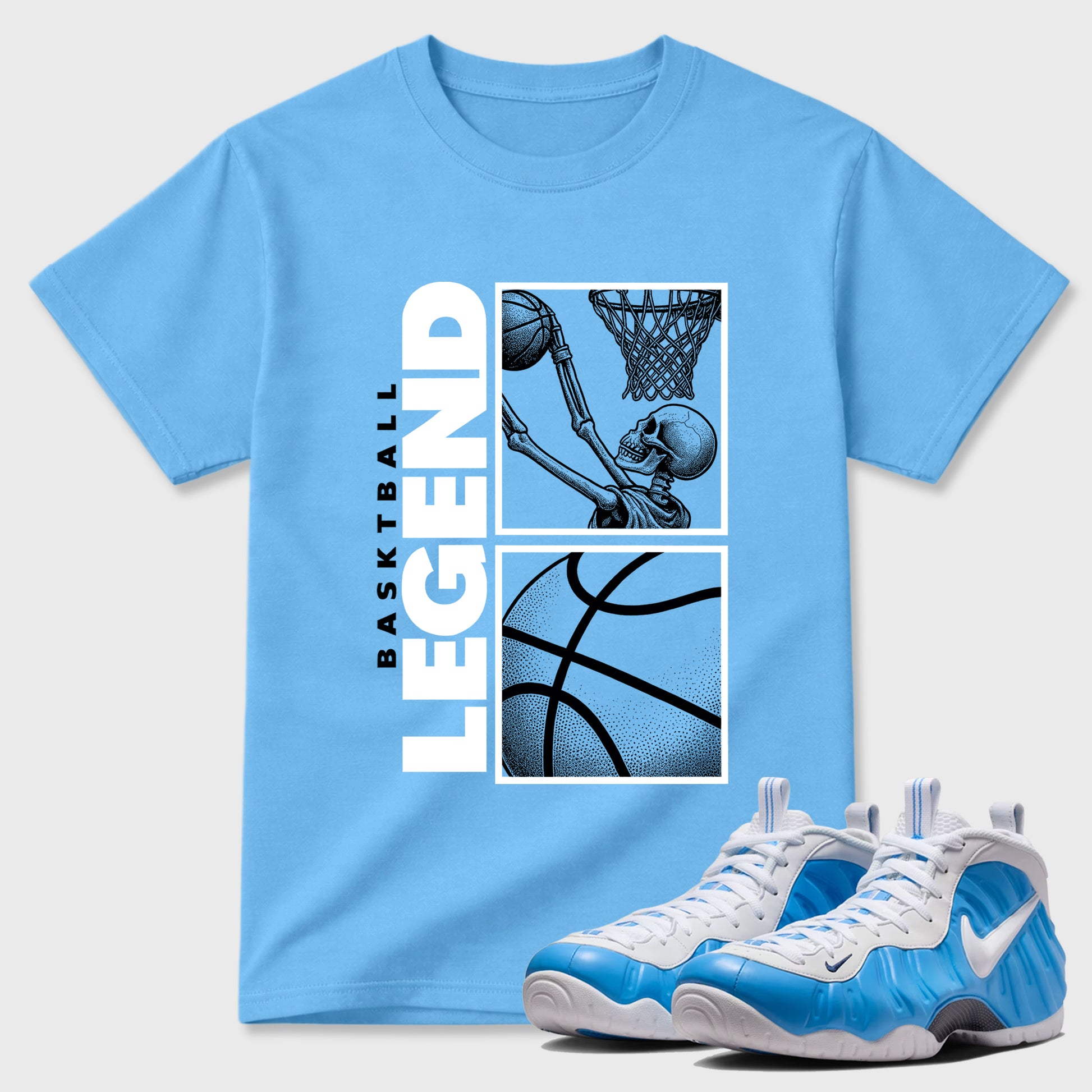 Best Sneakerfit Graphic Tee. Graphic Outfits. Sneaker Tees To Match Air Foamposite Pro University Blue Sneakers – Basketball Legend Tee Carolina Blue 1
