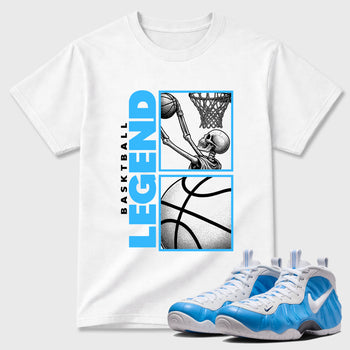 Best Sneakerfit Graphic Tee. Graphic Outfits. Sneaker Tees To Match Air Foamposite Pro University Blue Sneakers – Basketball Legend Tee White 1