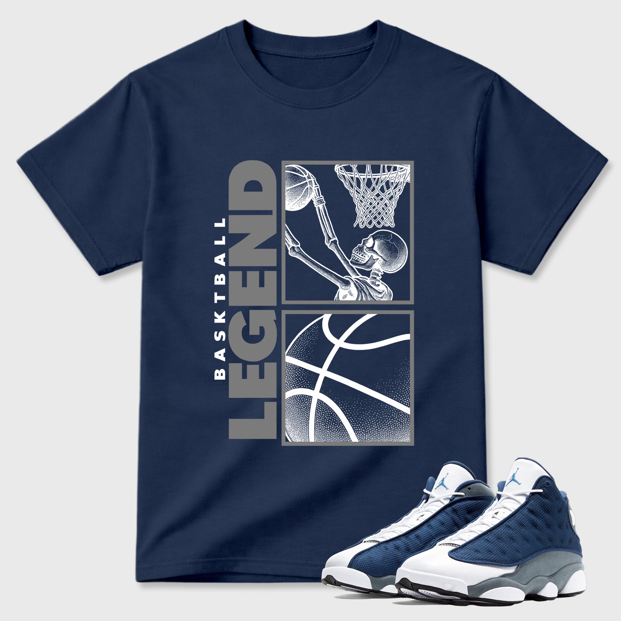 Basketball Legend Graphic T-Shirt featuring original streetwear artwork designed to match the Air Jordan 13 Flint. Navy 1 Graphic T-Shirt.