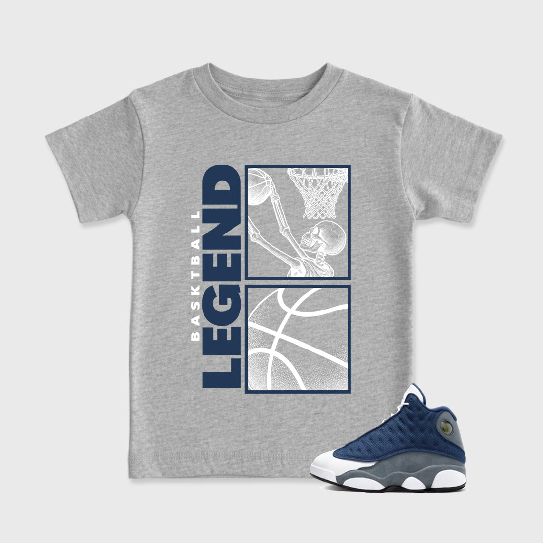 Basketball Legend Baby & Kids Graphic T-Shirt featuring original artwork designed to match the Air Jordan 13 Flint. Heather Grey 1 Kids Graphic Tee.