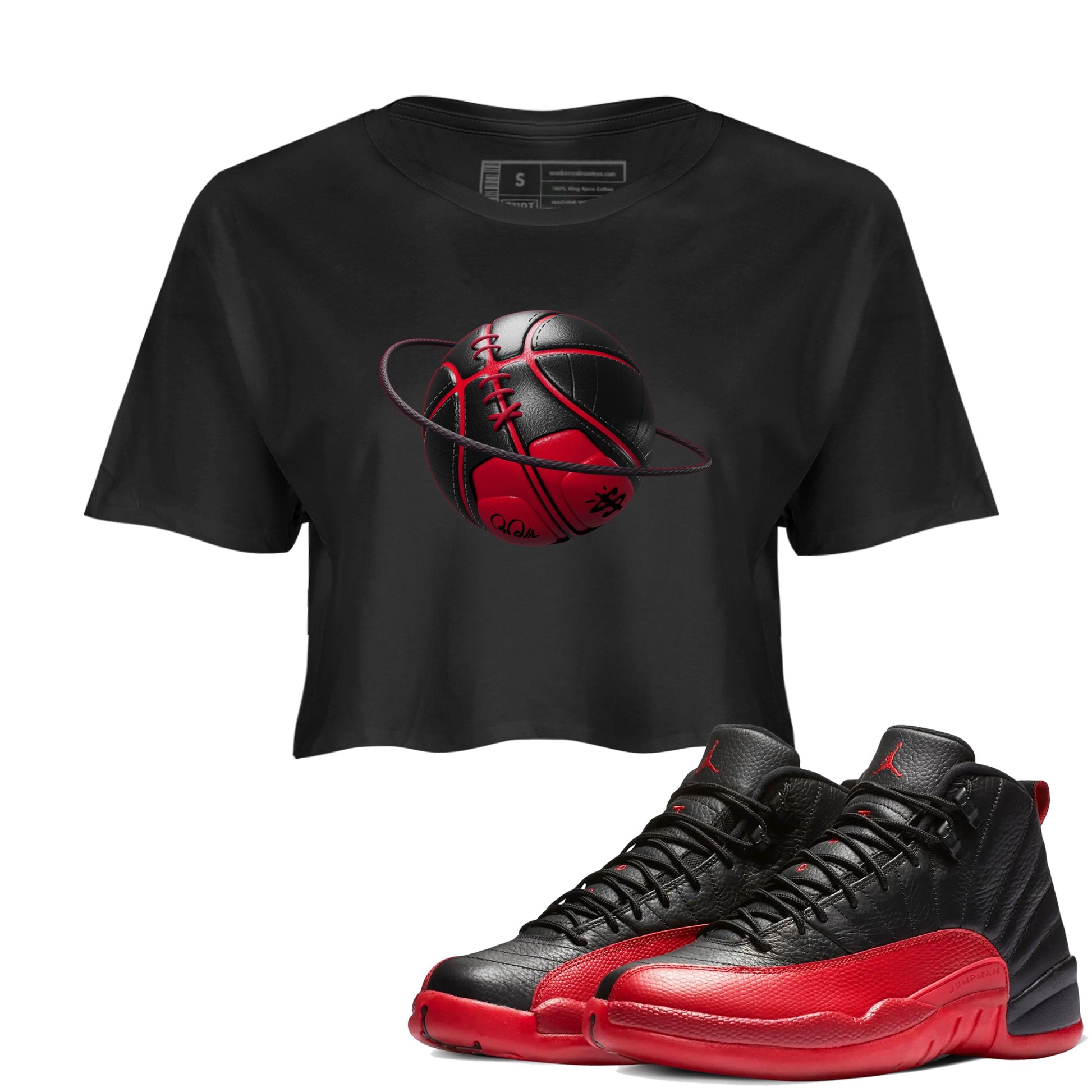 12s Flu Game shirts to match jordans Basketball Planet sneaker match tees Air Jordan 12 Retro Flu Game match shoes to clothes SNRT Sneaker Tees unisex cotton Black 1 crop tee