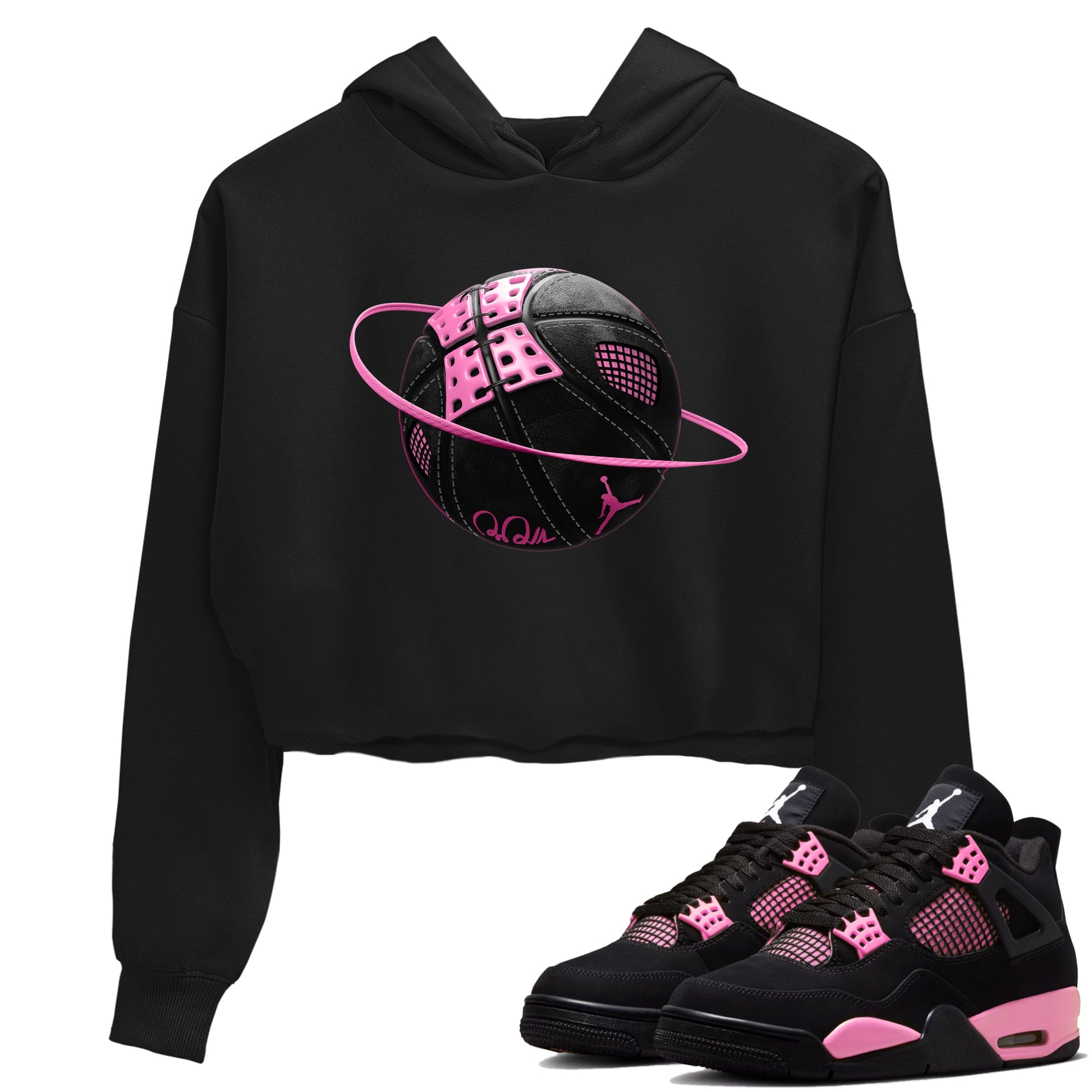 Perfect Valentine's Day Gifts graphic tee  – Sneaker Tees To Match Air Jordan 4 Pink Thunder – Basketball Planet Crop T-Shirt Black 1