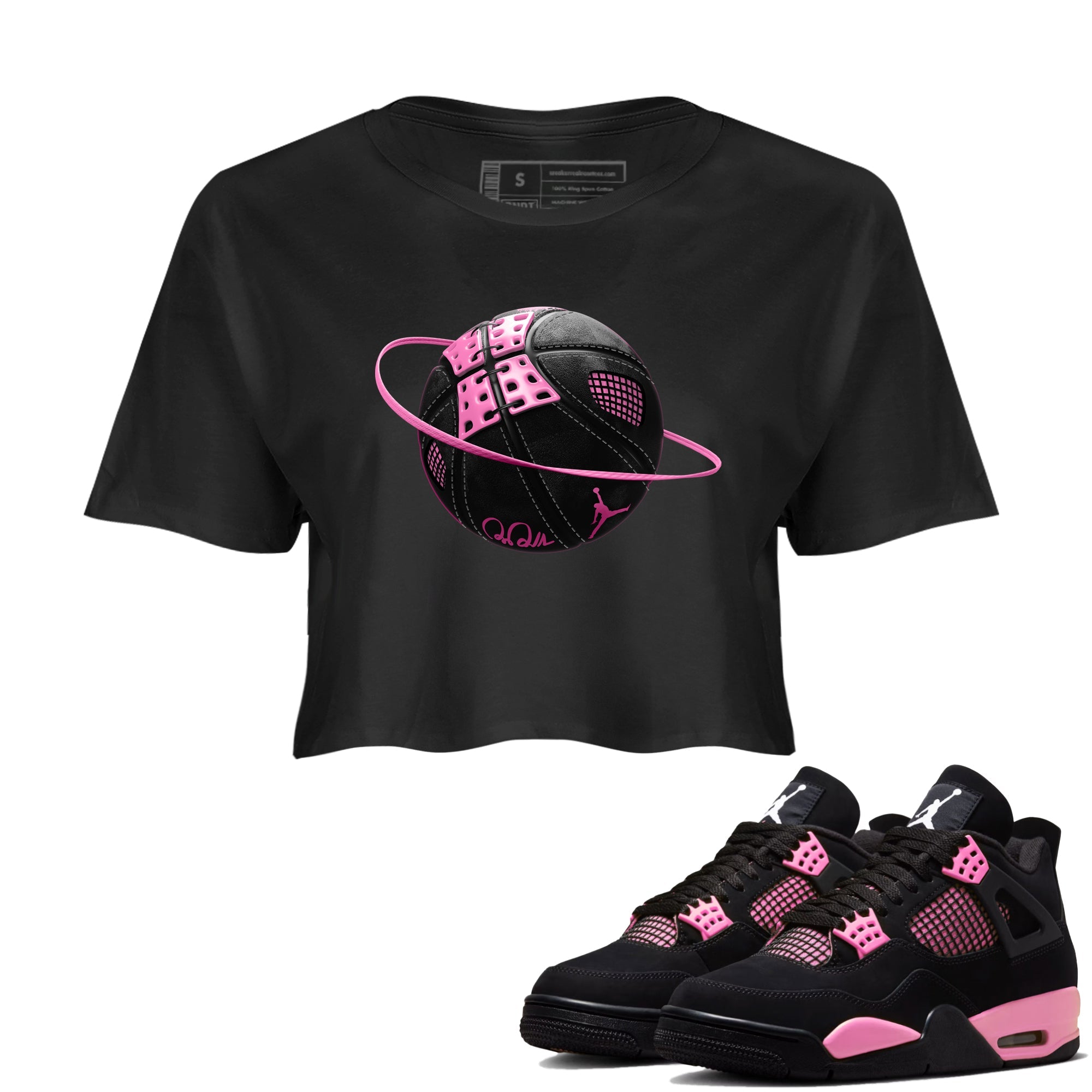 Perfect Valentine's Day Gifts graphic tee  – Sneaker Tees To Match Air Jordan 4 Pink Thunder – Basketball Planet Crop T-Shirt Black 1