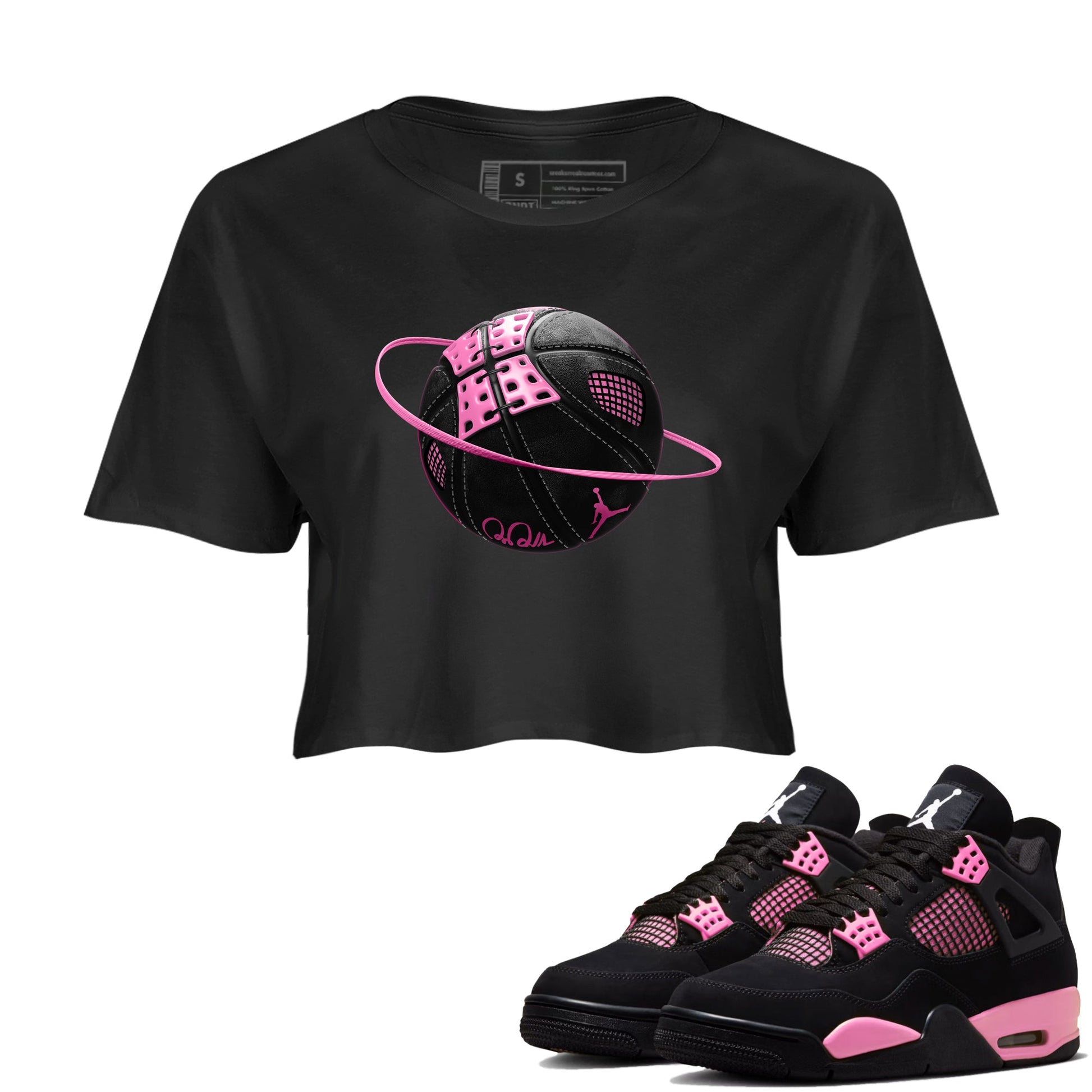 Perfect Valentine's Day Gifts graphic tee  – Sneaker Tees To Match Air Jordan 4 Pink Thunder – Basketball Planet Crop T-Shirt Black 1