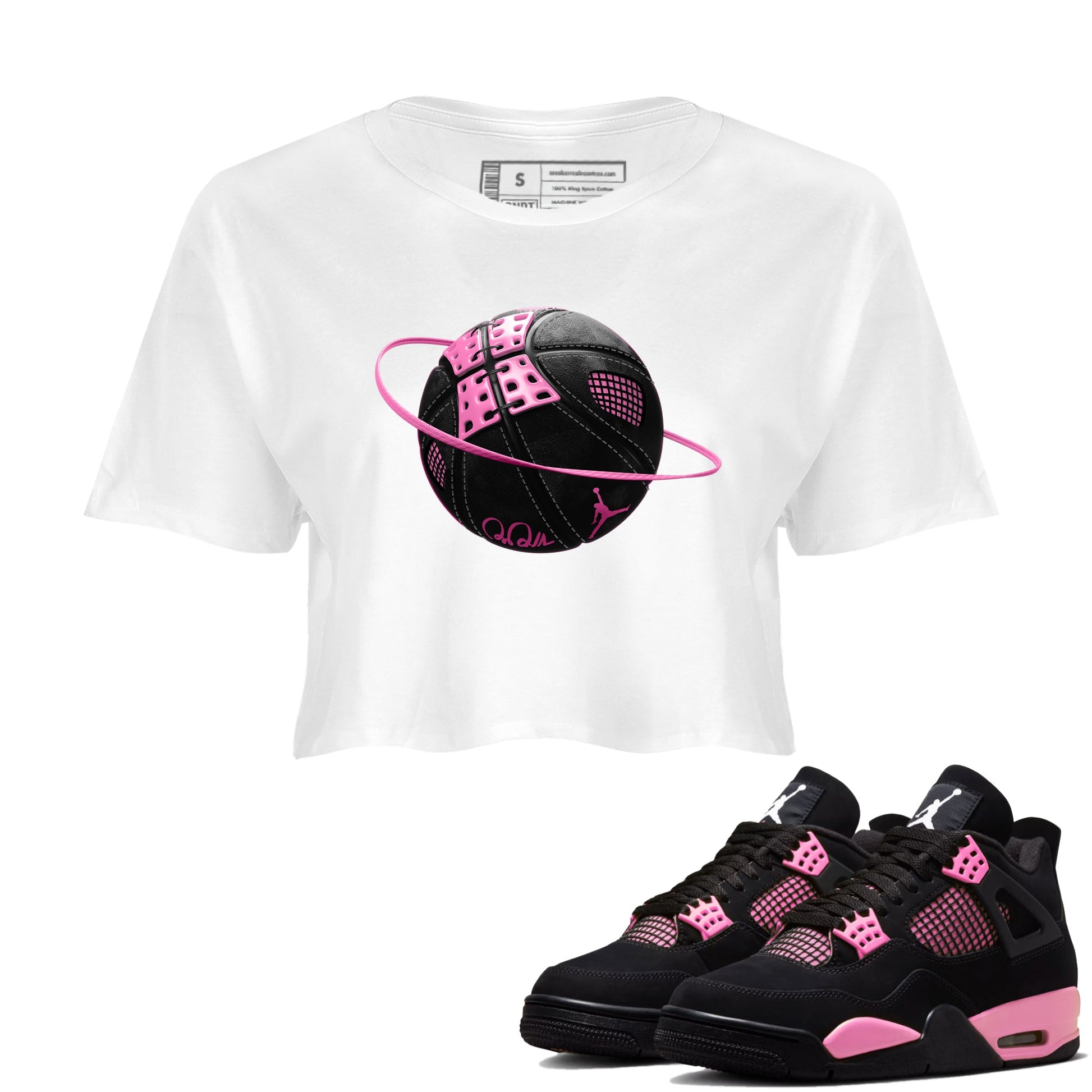 Perfect Valentine's Day Gifts graphic tee  – Sneaker Tees To Match Air Jordan 4 Pink Thunder – Basketball Planet Crop T-Shirt White 1