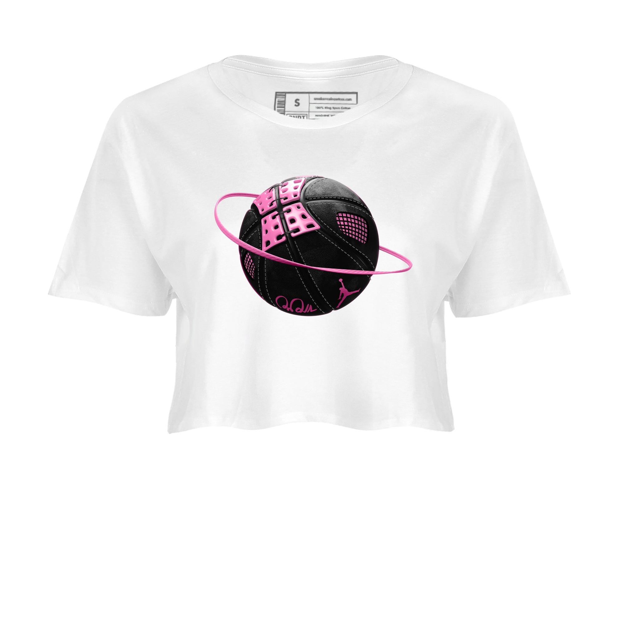 Perfect Valentine's Day Gifts graphic tee  – Sneaker Tees To Match Air Jordan 4 Pink Thunder – Basketball Planet Crop T-Shirt White 2