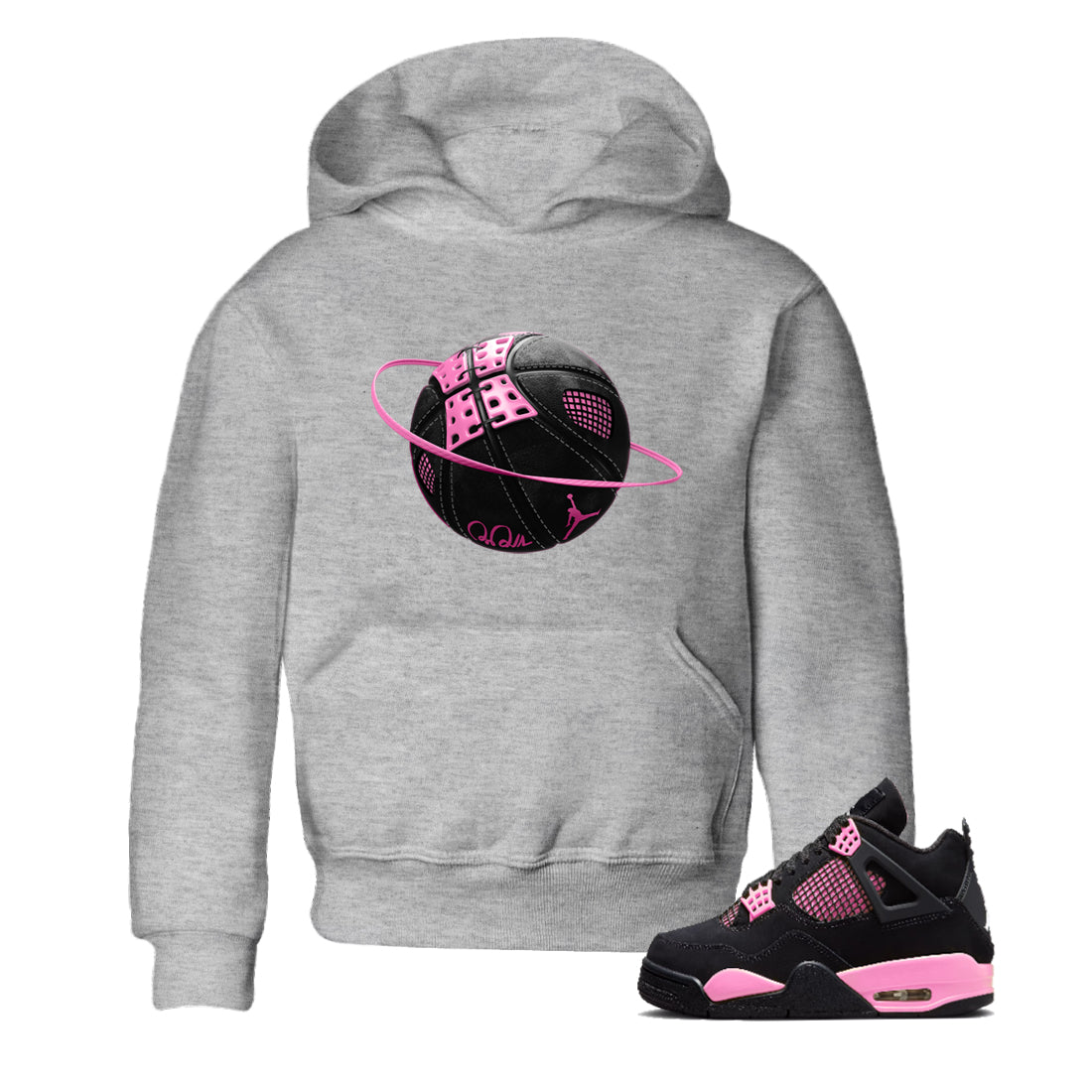 Perfect Valentine's Day Gifts graphic tee  – Sneaker Tees To Match Air Jordan 4 Pink Thunder – Basketball Planet Kids Graphic T-Shirt Heather Grey 1