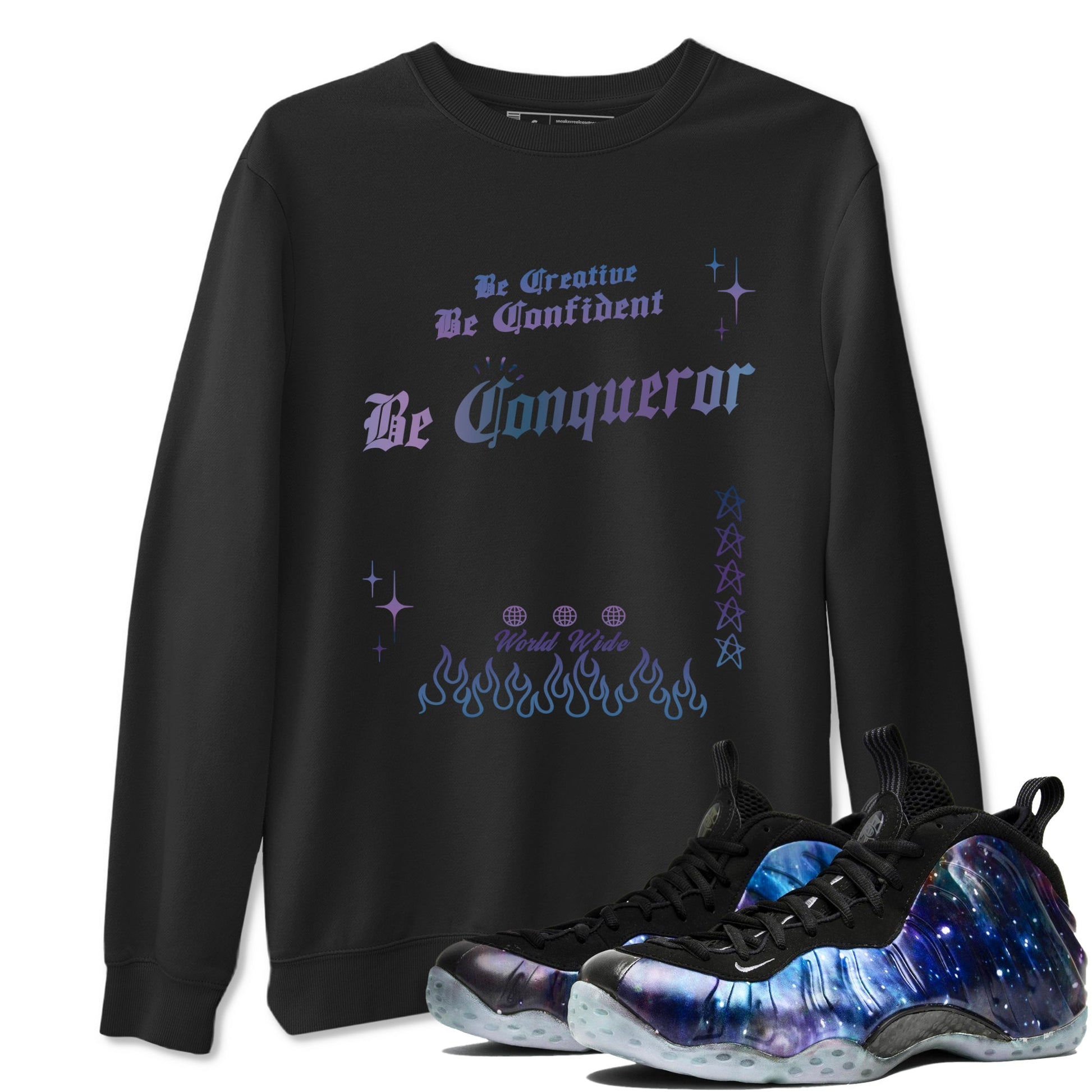 Foams One Galaxy shirts to match jordans Be Conqueror sneaker match tees Air Foamposite One Galaxy match shoes to clothes SNRT Sneaker Tees unisex cotton Black 1 shirts