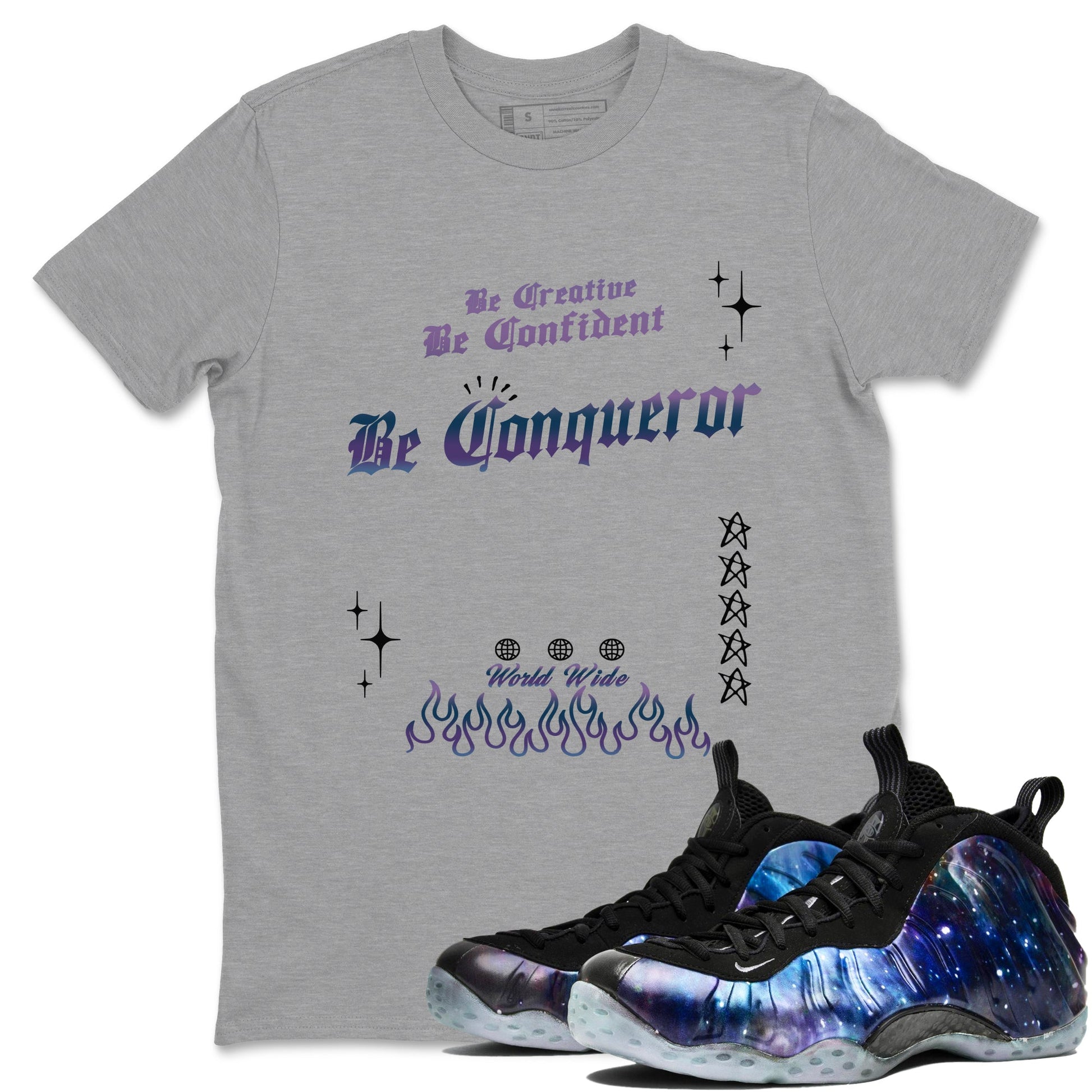 Foams One Galaxy shirts to match jordans Be Conqueror sneaker match tees Air Foamposite One Galaxy match shoes to clothes SNRT Sneaker Tees unisex cotton Heather Grey 1 shirts