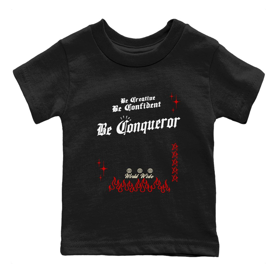 1s Black Toe Reimagined shirts to match jordans Be Conqueror sneaker match tees Air Jordan 1 Black Toe Reimagined match shoes to clothes SNRT Sneaker Tees Youth Baby Black 2 tee