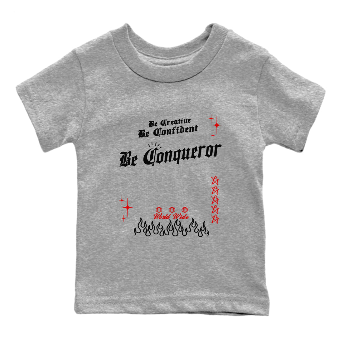 1s Black Toe Reimagined shirts to match jordans Be Conqueror sneaker match tees Air Jordan 1 Black Toe Reimagined match shoes to clothes SNRT Sneaker Tees Youth Baby Heather Grey 2 tee