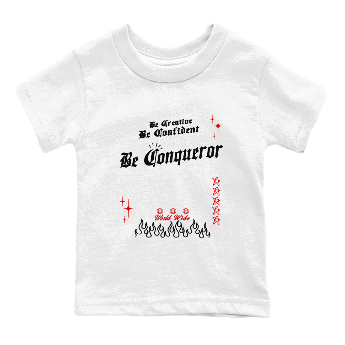1s Black Toe Reimagined shirts to match jordans Be Conqueror sneaker match tees Air Jordan 1 Black Toe Reimagined match shoes to clothes SNRT Sneaker Tees Youth Baby White 2 tee