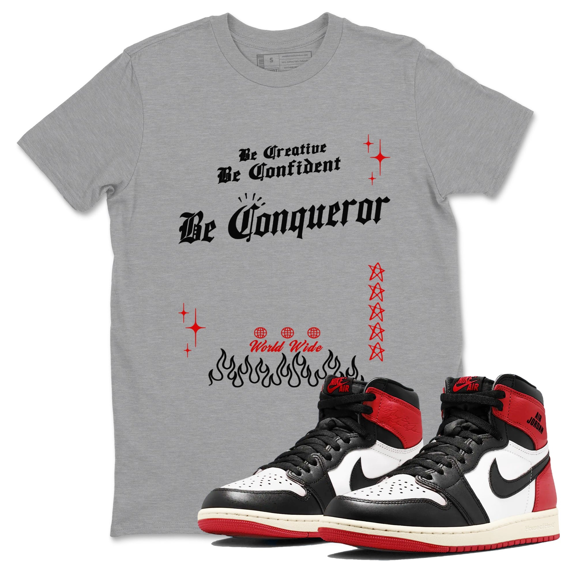 1s Black Toe Reimagined shirts to match jordans Be Conqueror sneaker match tees Air Jordan 1 Black Toe Reimagined match shoes to clothes SNRT Sneaker Tees unisex cotton Heather Grey 1 shirts