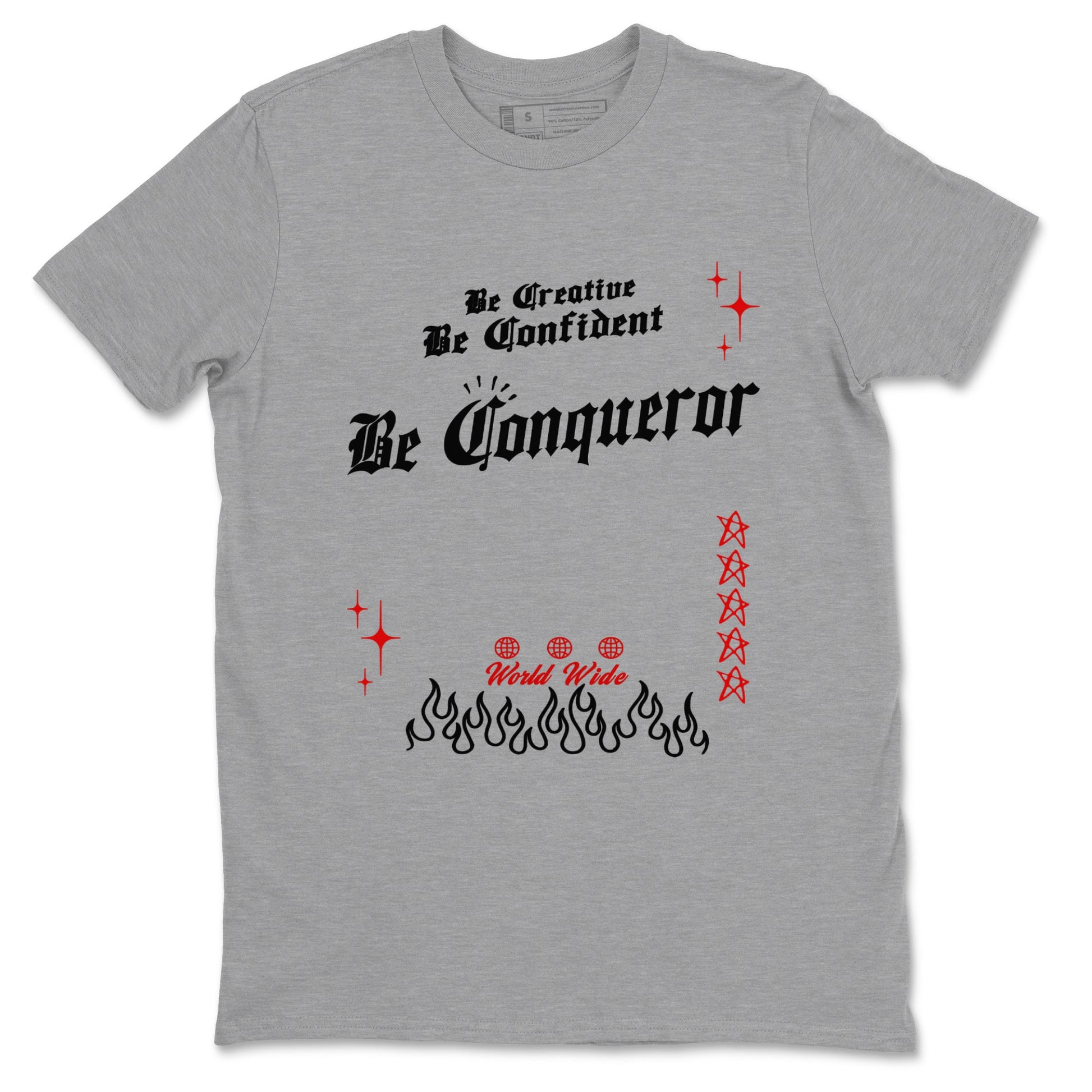 1s Black Toe Reimagined shirts to match jordans Be Conqueror sneaker match tees Air Jordan 1 Black Toe Reimagined match shoes to clothes SNRT Sneaker Tees unisex cotton Heather Grey 2 shirts