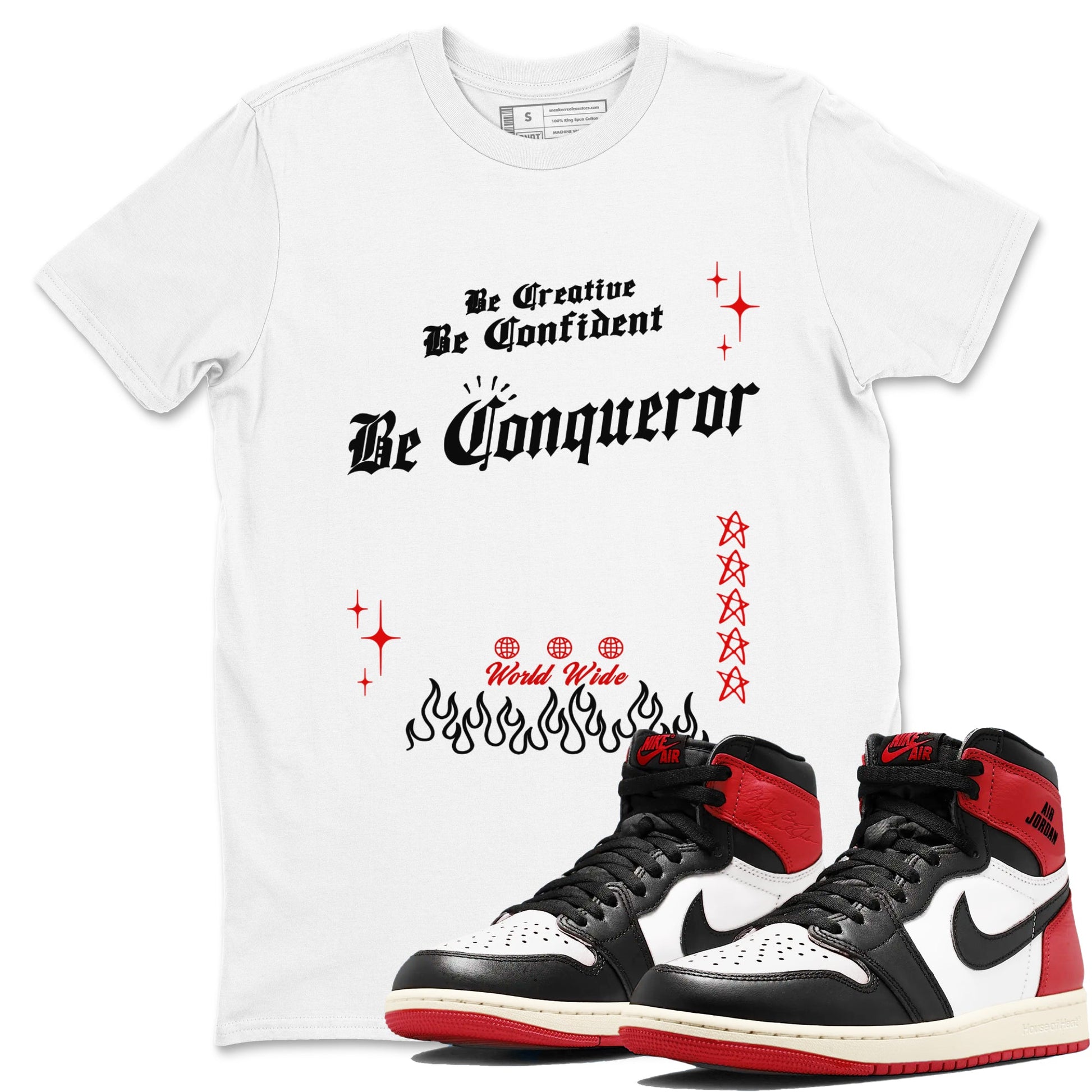 1s Black Toe Reimagined shirts to match jordans Be Conqueror sneaker match tees Air Jordan 1 Black Toe Reimagined match shoes to clothes SNRT Sneaker Tees unisex cotton White 1 shirts