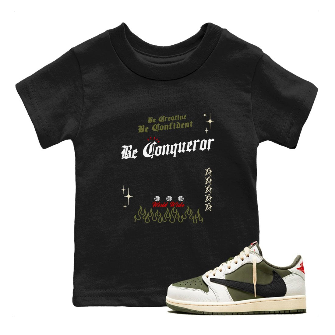 1s Travis Scott Medium Olive shirts to match jordans Be Conqueror sneaker match tees Air Jordan 1 Travis Scott Medium Olive match shoes to clothes SNRT Sneaker Tees Youth Baby Black 1 tee