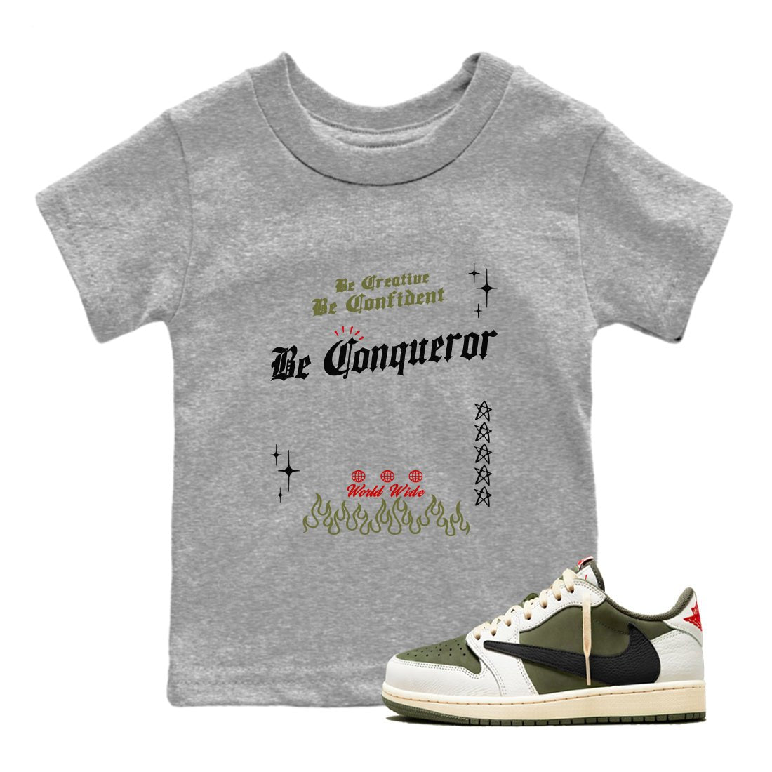 1s Travis Scott Medium Olive shirts to match jordans Be Conqueror sneaker match tees Air Jordan 1 Travis Scott Medium Olive match shoes to clothes SNRT Sneaker Tees Youth Baby Heather Grey 1 tee