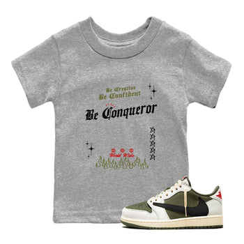 1s Travis Scott Medium Olive shirts to match jordans Be Conqueror sneaker match tees Air Jordan 1 Travis Scott Medium Olive match shoes to clothes SNRT Sneaker Tees Youth Baby Heather Grey 1 tee