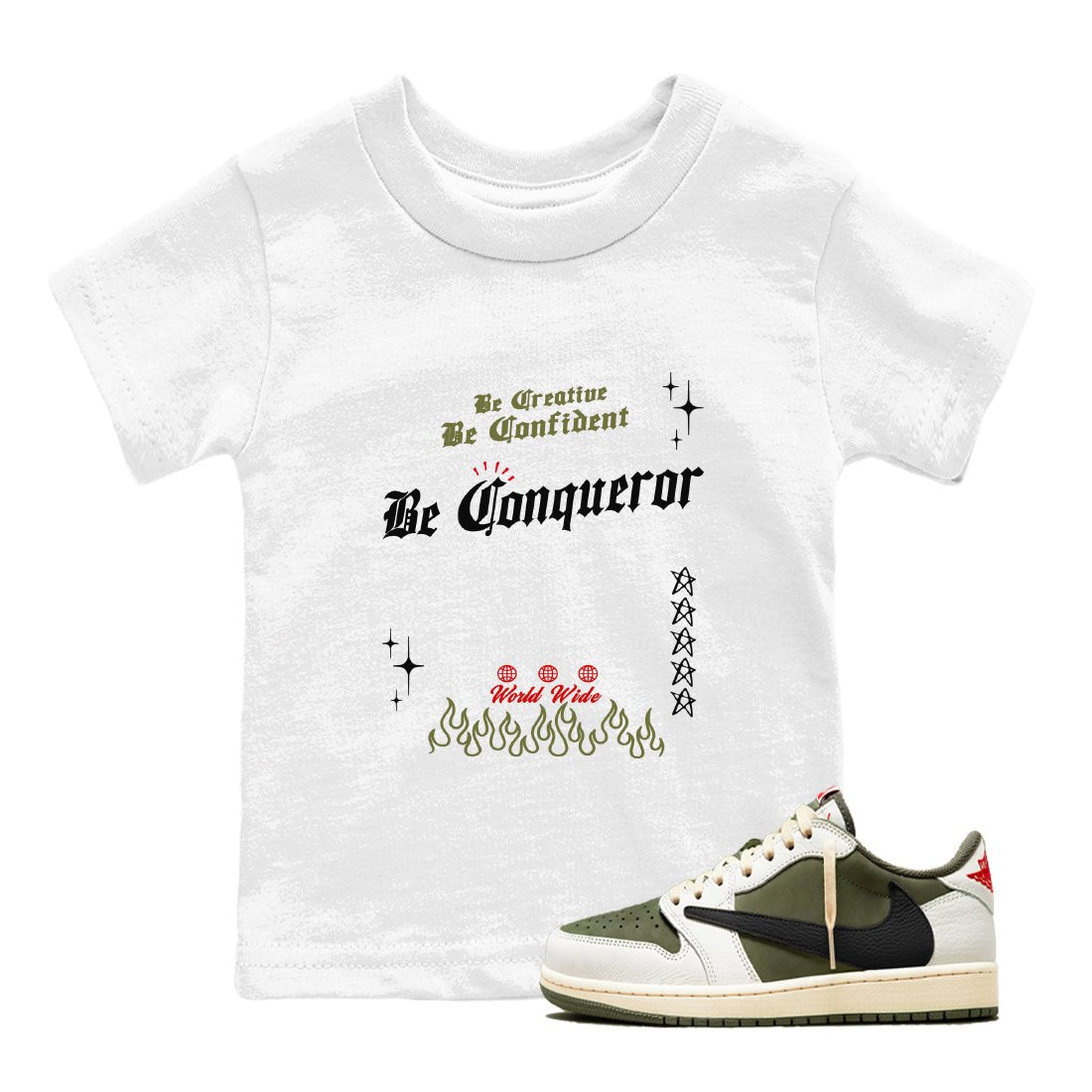 1s Travis Scott Medium Olive shirts to match jordans Be Conqueror sneaker match tees Air Jordan 1 Travis Scott Medium Olive match shoes to clothes SNRT Sneaker Tees Youth Baby White 1 tee