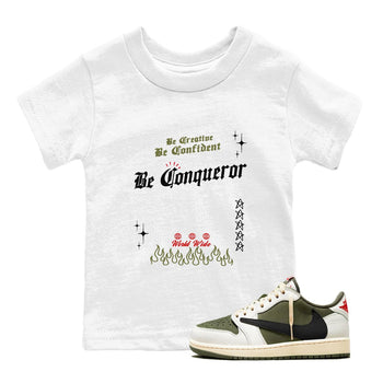 1s Travis Scott Medium Olive shirts to match jordans Be Conqueror sneaker match tees Air Jordan 1 Travis Scott Medium Olive match shoes to clothes SNRT Sneaker Tees Youth Baby White 1 tee