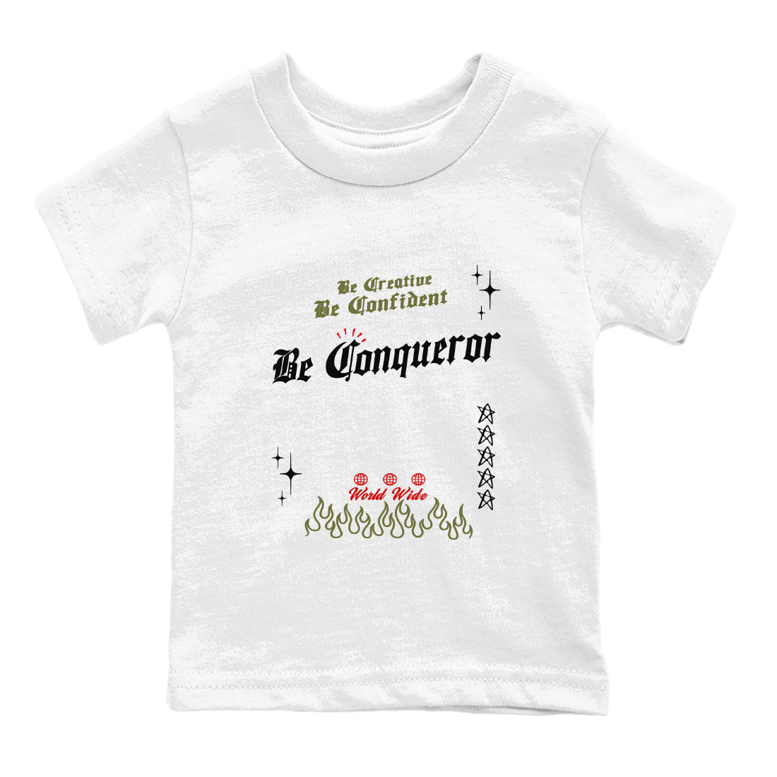 1s Travis Scott Medium Olive shirts to match jordans Be Conqueror sneaker match tees Air Jordan 1 Travis Scott Medium Olive match shoes to clothes SNRT Sneaker Tees Youth Baby White 2 tee