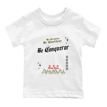 1s Travis Scott Medium Olive shirts to match jordans Be Conqueror sneaker match tees Air Jordan 1 Travis Scott Medium Olive match shoes to clothes SNRT Sneaker Tees Youth Baby White 2 tee