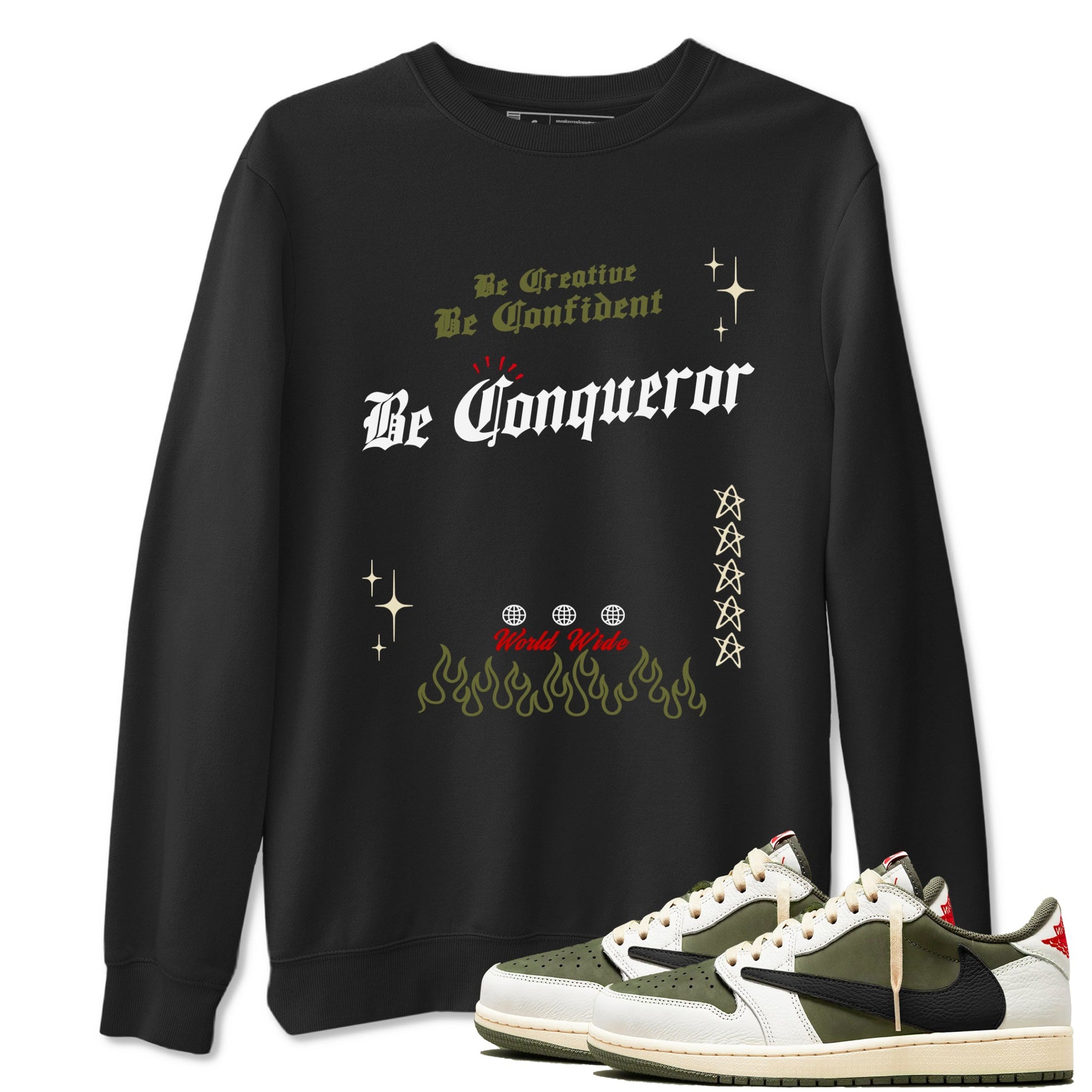 1s Travis Scott Medium Olive shirts to match jordans Be Conqueror sneaker match tees Air Jordan 1 Travis Scott Medium Olive match shoes to clothes SNRT Sneaker Tees unisex cotton Black 1 shirts