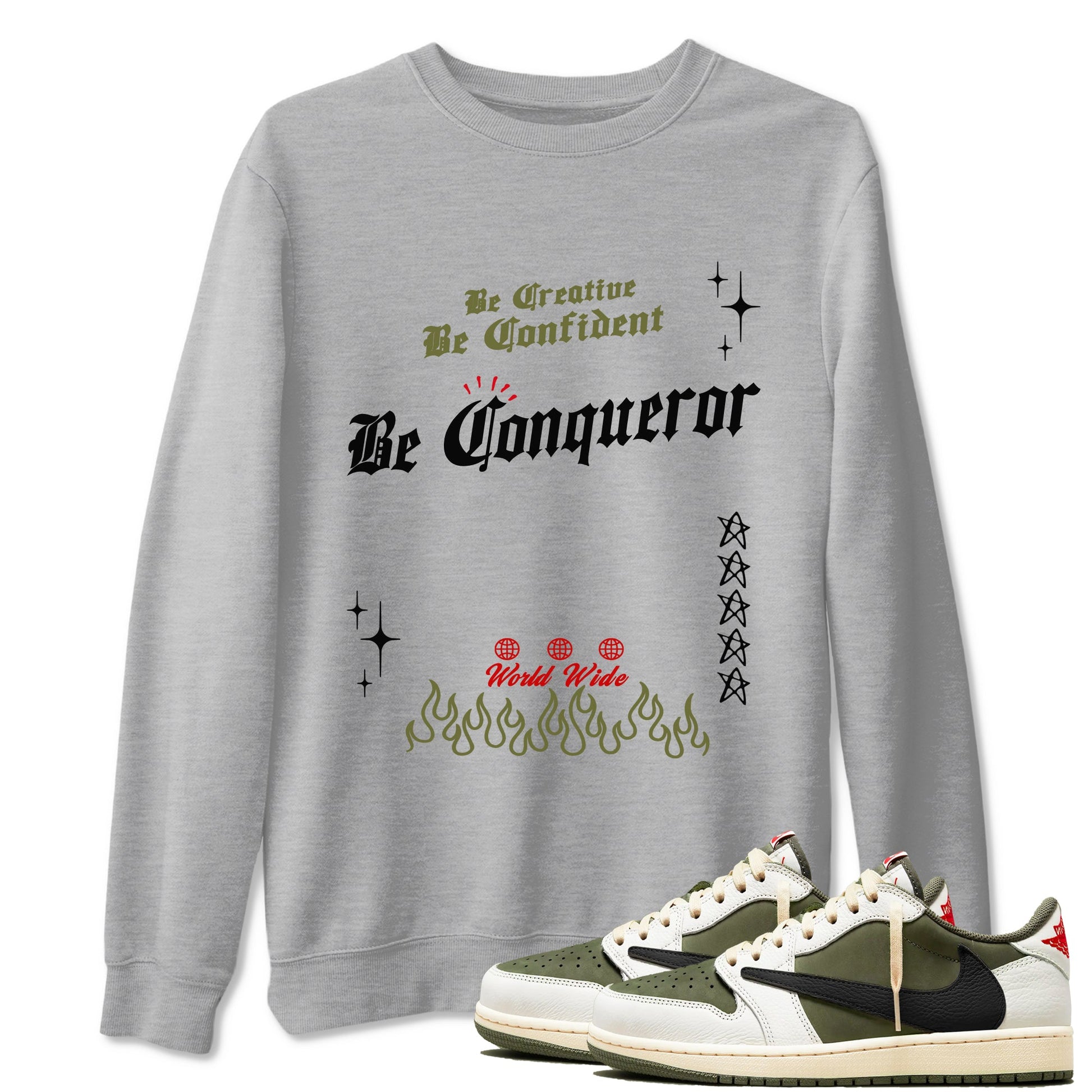1s Travis Scott Medium Olive shirts to match jordans Be Conqueror sneaker match tees Air Jordan 1 Travis Scott Medium Olive match shoes to clothes SNRT Sneaker Tees unisex cotton Heather Grey 1 shirts