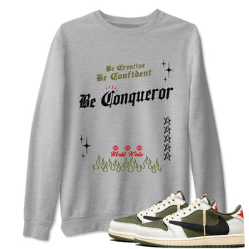 1s Travis Scott Medium Olive shirts to match jordans Be Conqueror sneaker match tees Air Jordan 1 Travis Scott Medium Olive match shoes to clothes SNRT Sneaker Tees unisex cotton Heather Grey 1 shirts