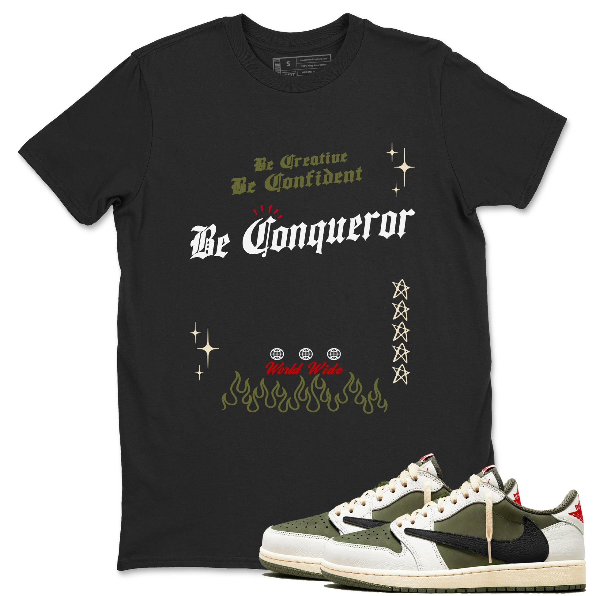 1s Travis Scott Medium Olive shirts to match jordans Be Conqueror sneaker match tees Air Jordan 1 Travis Scott Medium Olive match shoes to clothes SNRT Sneaker Tees unisex cotton Black 1 shirts