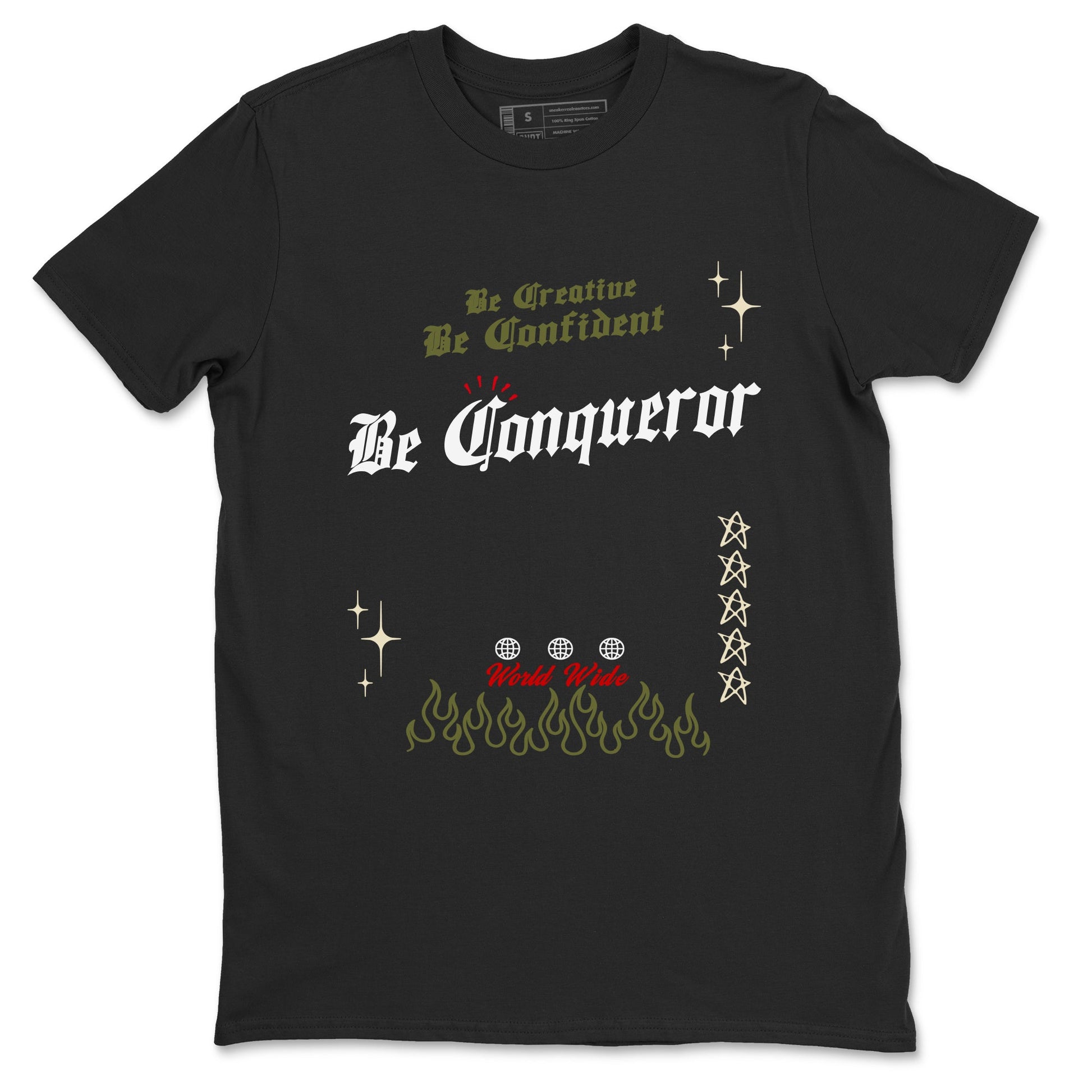 1s Travis Scott Medium Olive shirts to match jordans Be Conqueror sneaker match tees Air Jordan 1 Travis Scott Medium Olive match shoes to clothes SNRT Sneaker Tees unisex cotton Black 2 shirts
