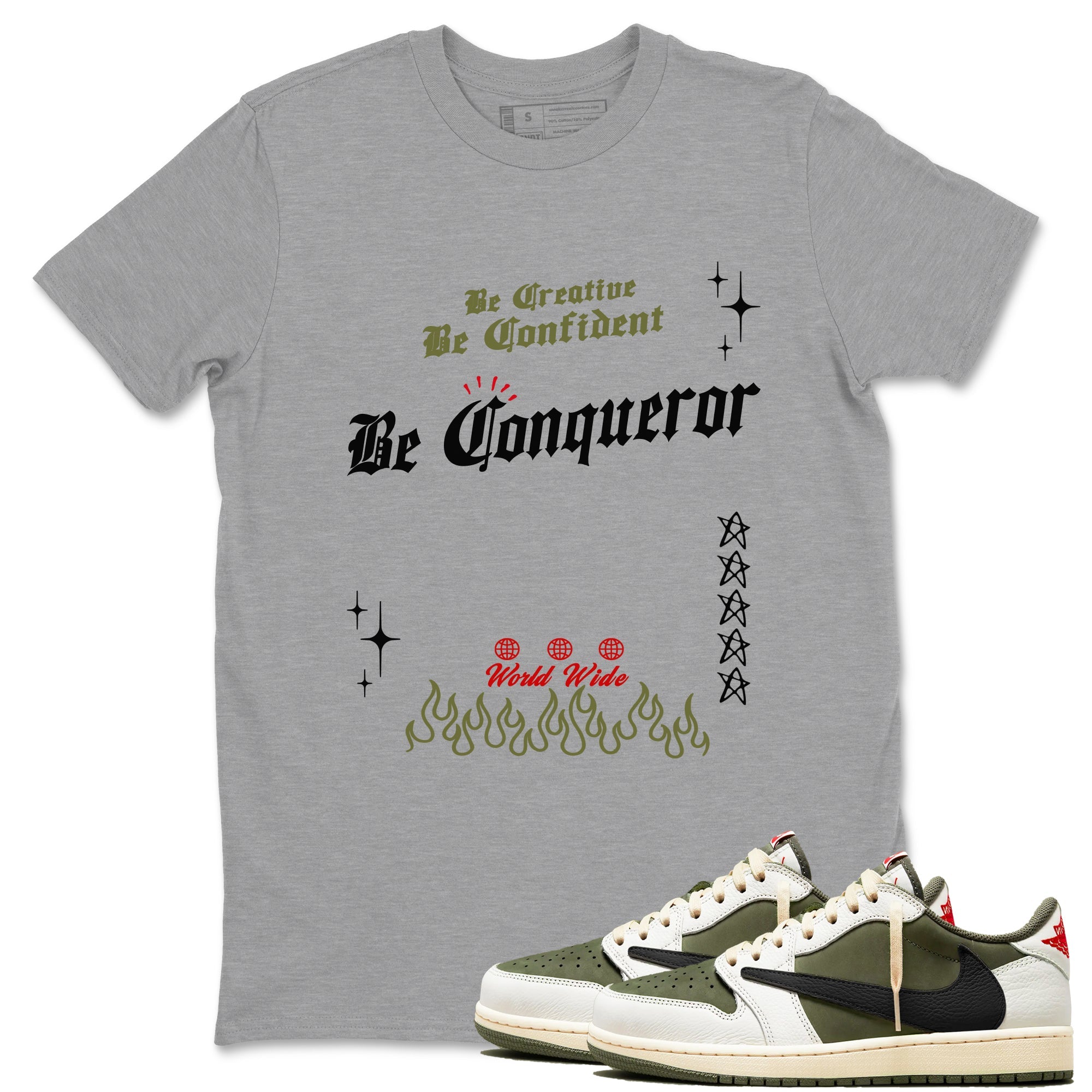 1s Travis Scott Medium Olive shirts to match jordans Be Conqueror sneaker match tees Air Jordan 1 Travis Scott Medium Olive match shoes to clothes SNRT Sneaker Tees unisex cotton Heather Grey 1 shirts