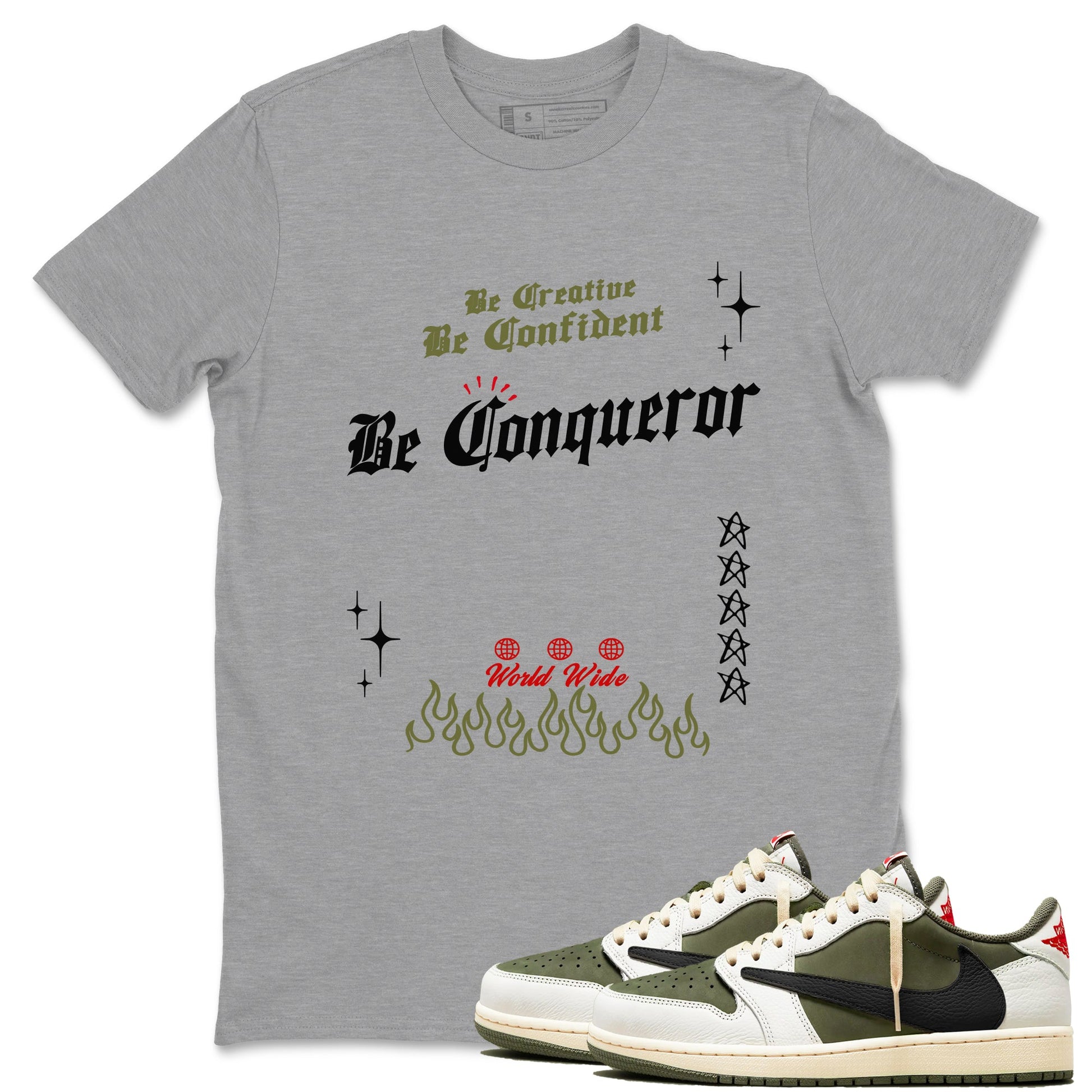 1s Travis Scott Medium Olive shirts to match jordans Be Conqueror sneaker match tees Air Jordan 1 Travis Scott Medium Olive match shoes to clothes SNRT Sneaker Tees unisex cotton Heather Grey 1 shirts